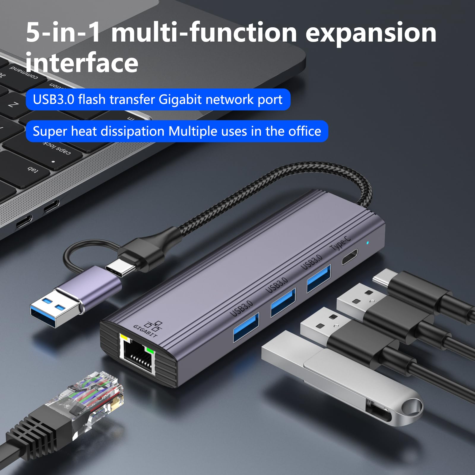 Oliveria USB Type-C to Ethernet Adapter with 3-Port USB 3.0 Hub - Gigabit RJ45 LAN 1000Mbps - Compatible with Windows XP/Mac/Linux/Chromebook - Perfect for Home Office, Online Gaming & Video Conferencing