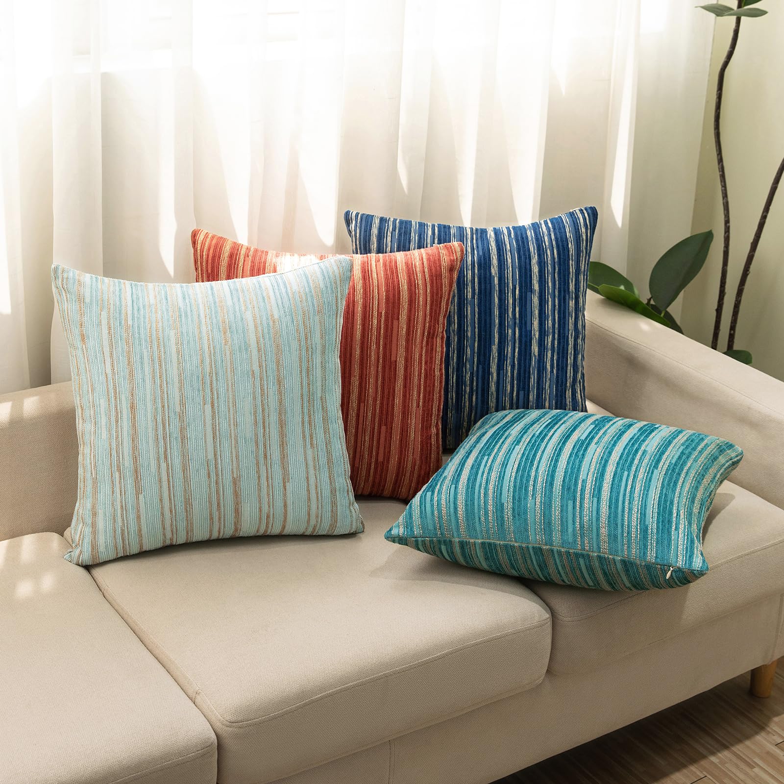 Modern Striped Decorative Pillow Covers Teal - Pack of 2, 18x18 Inch Geometric Throw Pillow Cases for Sofa, Bed & Couch - Soft & Stylish Home Decor Accent Pillows for Living Room, Bedroom & Dorm