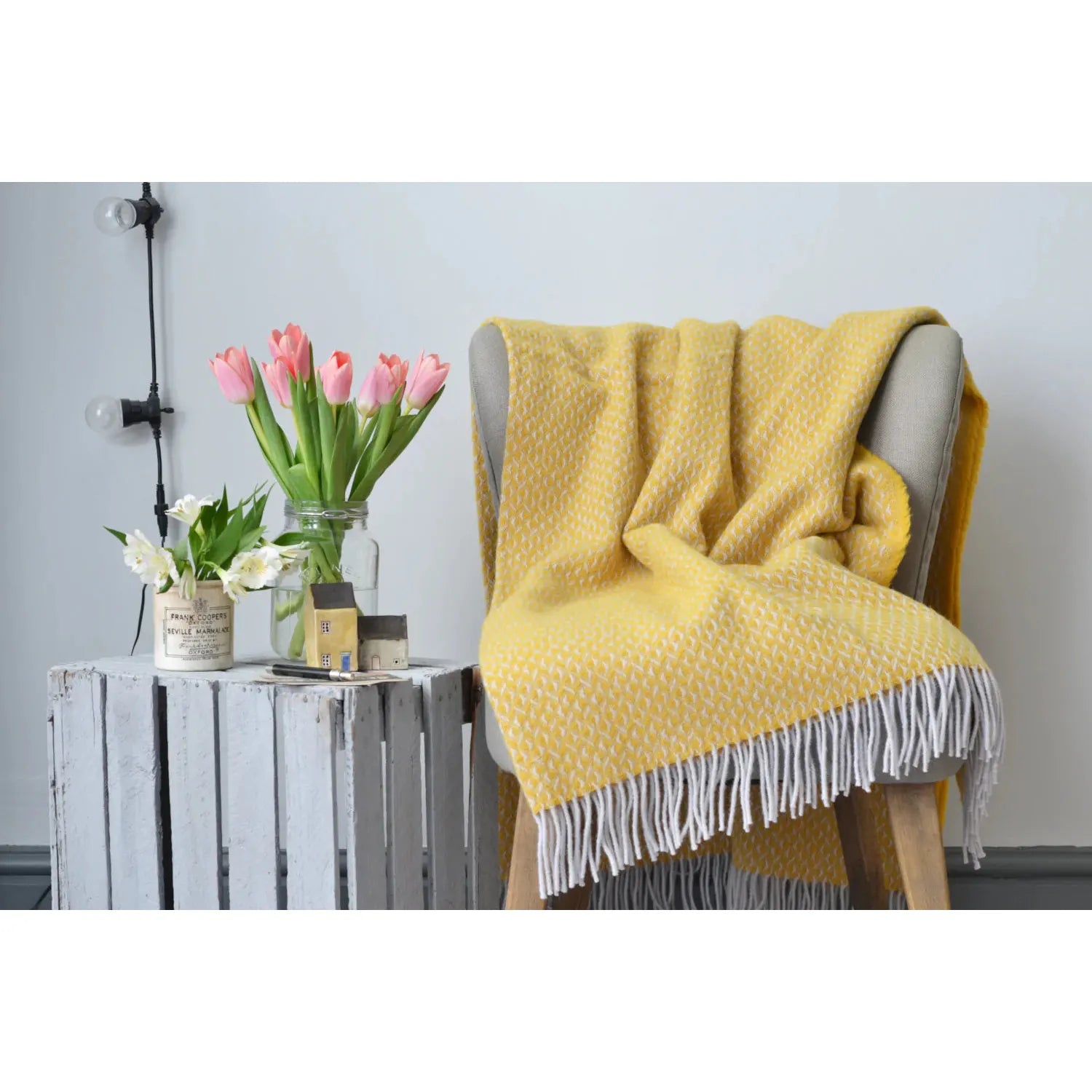 Premium 100% Pure New Wool Diamond Throw Blanket - Soft Yellow Blanket (72
