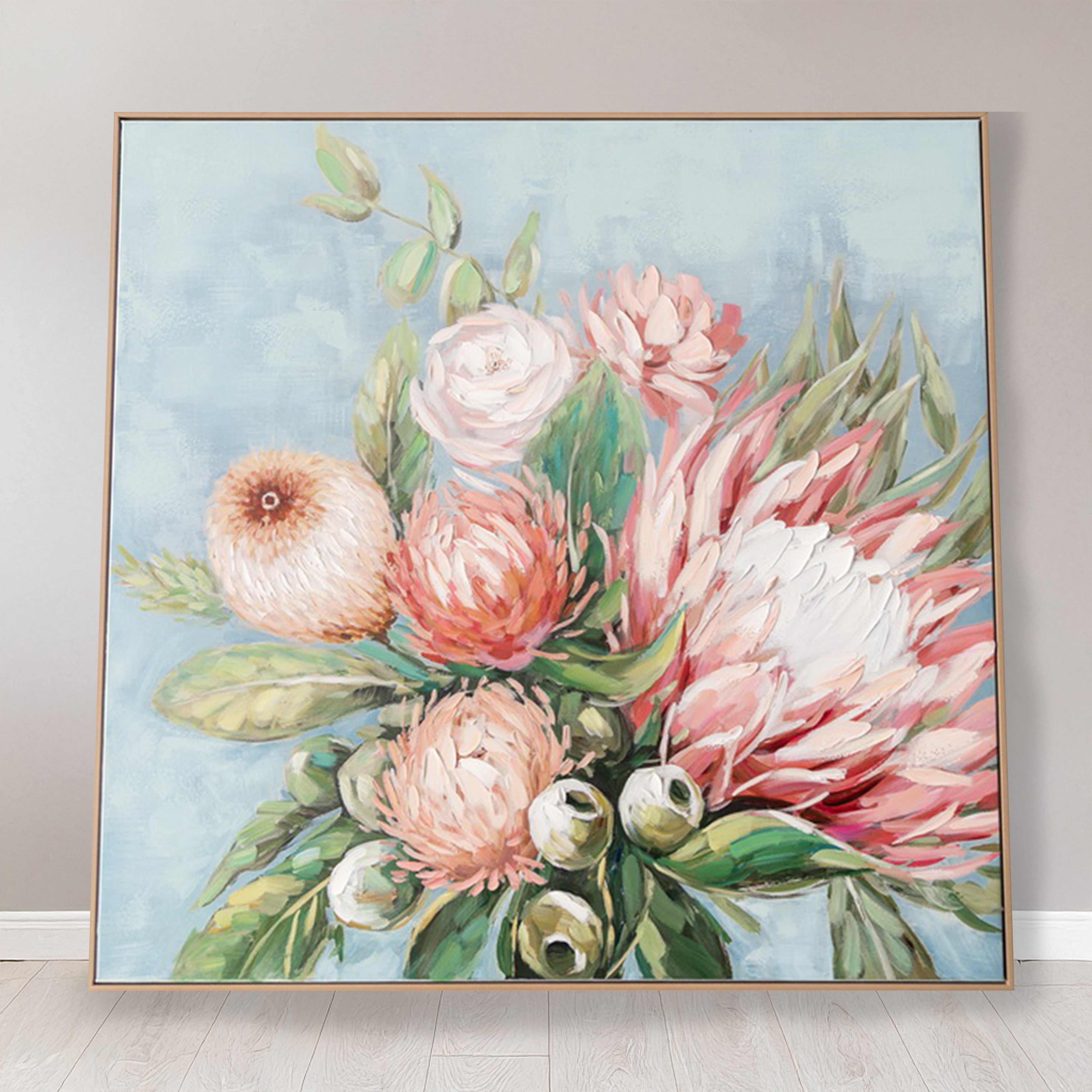 Urban Style Brushmarks Embellished Canvas Protea Blue Wall Art - Perfect for Living Room, Bedroom & Office Decor
