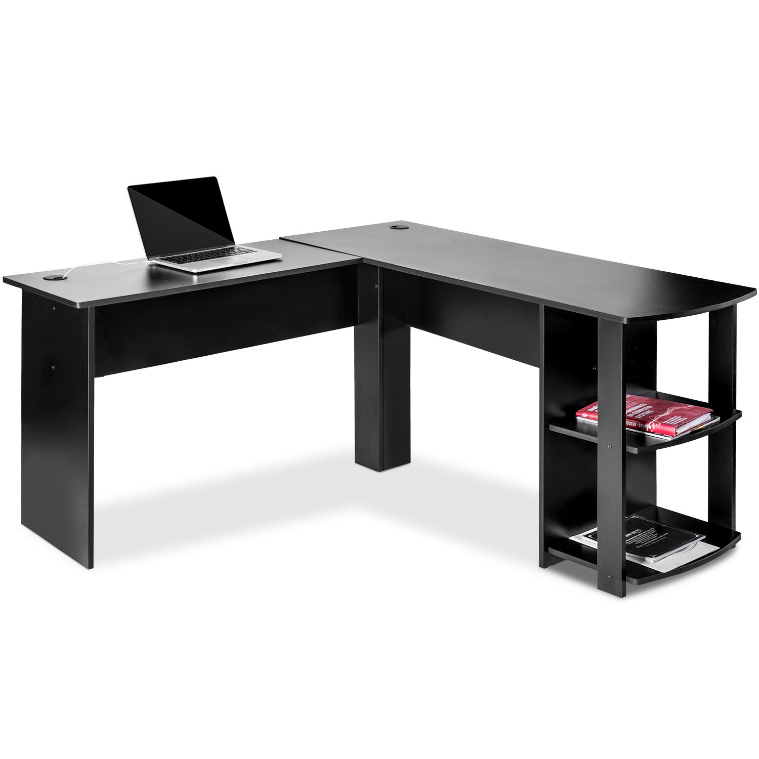 Veryke L-Shaped Wooden Corner Computer Desk with Storage Shelf - Home Office Workstation for PC, Writing & Studying - Space-Saving Design in Black - Perfect for Small Spaces & Home Offices