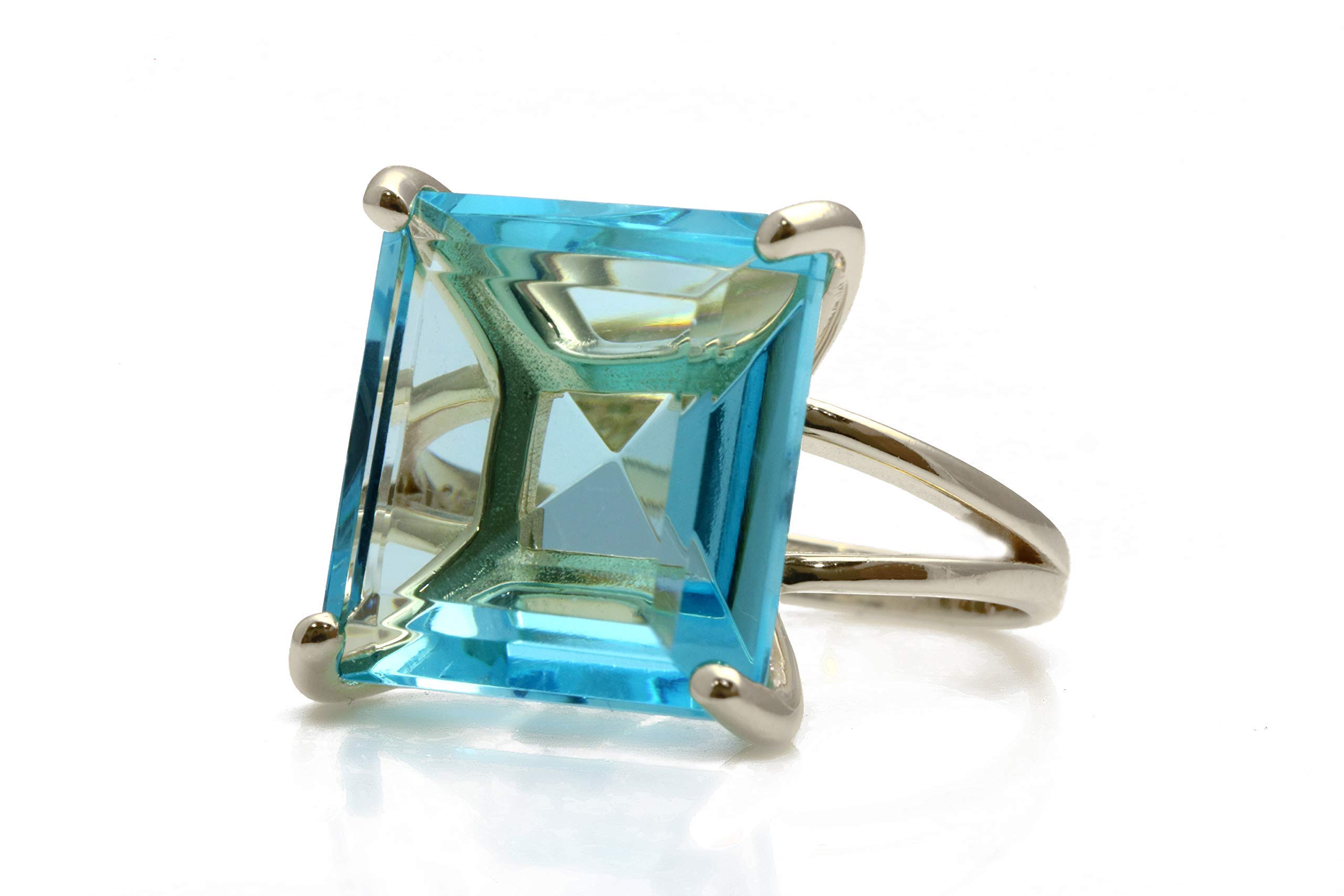 16x16MM Square Blue Topaz Sterling Silver Ring for Women - Handcrafted Statement Jewelry, Anniversary & Engagement Gift - Fashion Cocktail Ring with Jewelry Box (Choose Your Size) - Perfect for Date Nights, Parties & Special Occasions