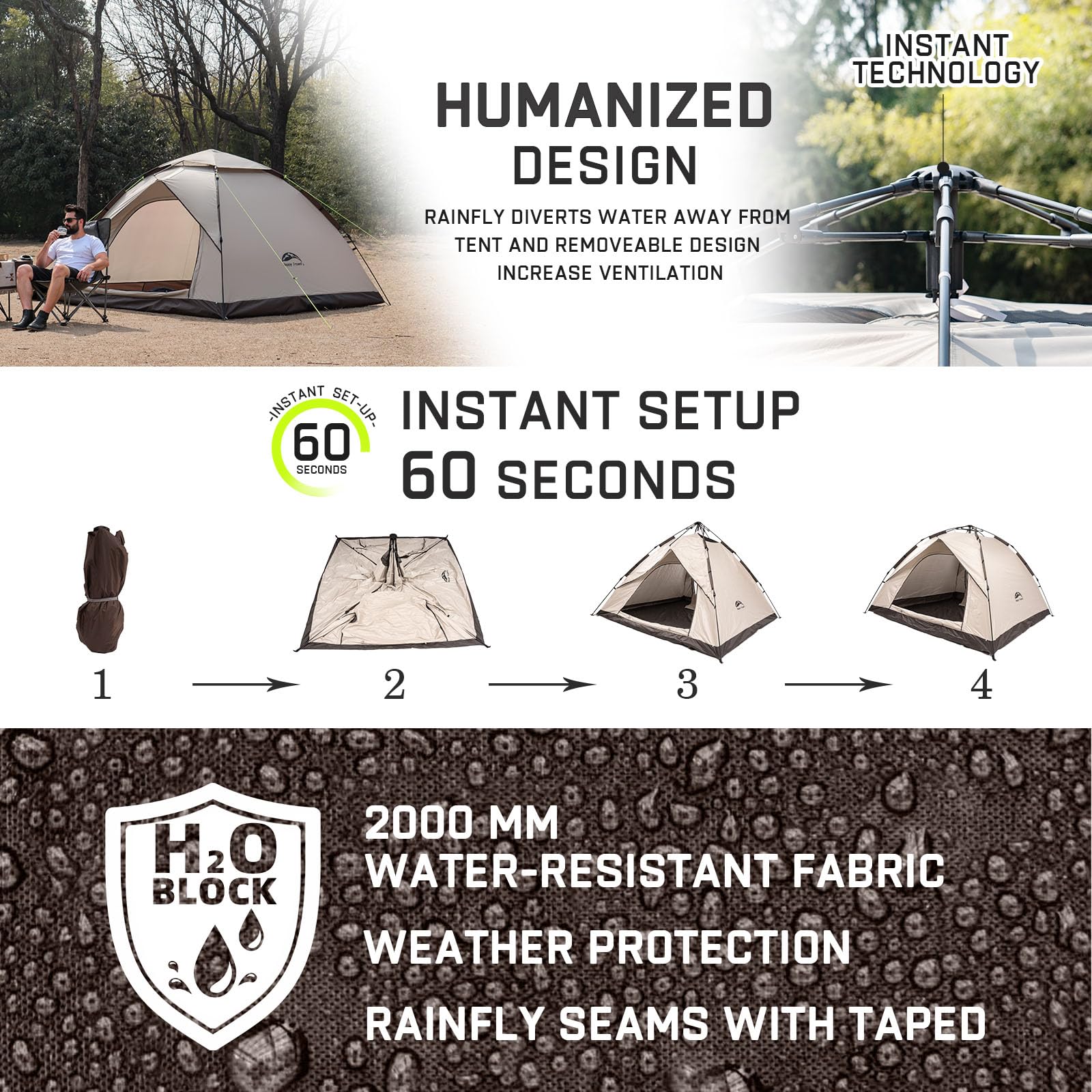 1/2/3/4 Person Instant Pop Up Camping Tent - Waterproof, Windproof & Easy Setup Dome Tent for Family Outdoor Adventures | Perfect for Camping, Hiking, Backpacking & Beach Trips