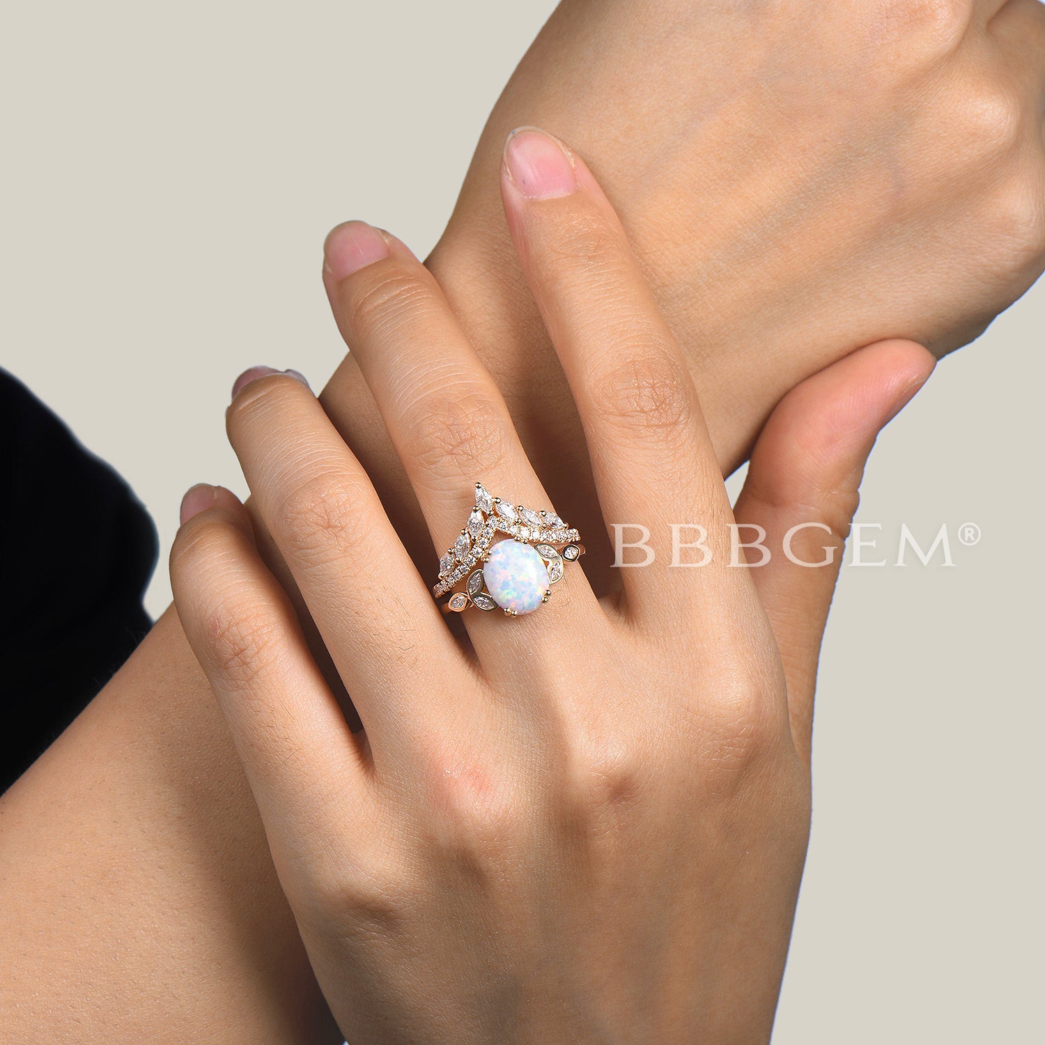 White Opal Leaf Moissanite Engagement Ring & Wedding Band Set in Rose Gold – Unique Bridal Jewelry for Proposals, Anniversaries, and Special Occasions