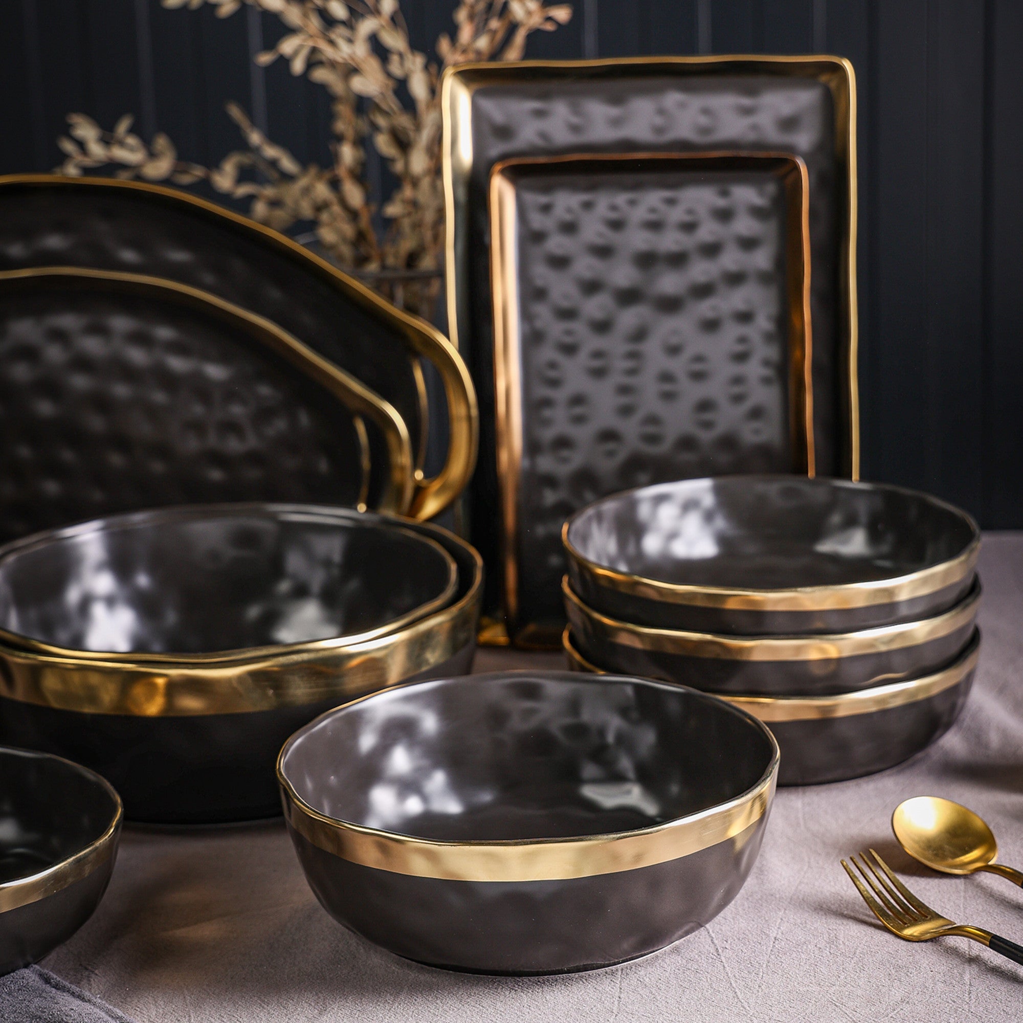 Premium Florian Porcelain Dinnerware Set - 6-Piece Black Ceramic Bowls for Soup, Salad & Dessert | Elegant Table Setting for Restaurants, Home Dining & Entertaining
