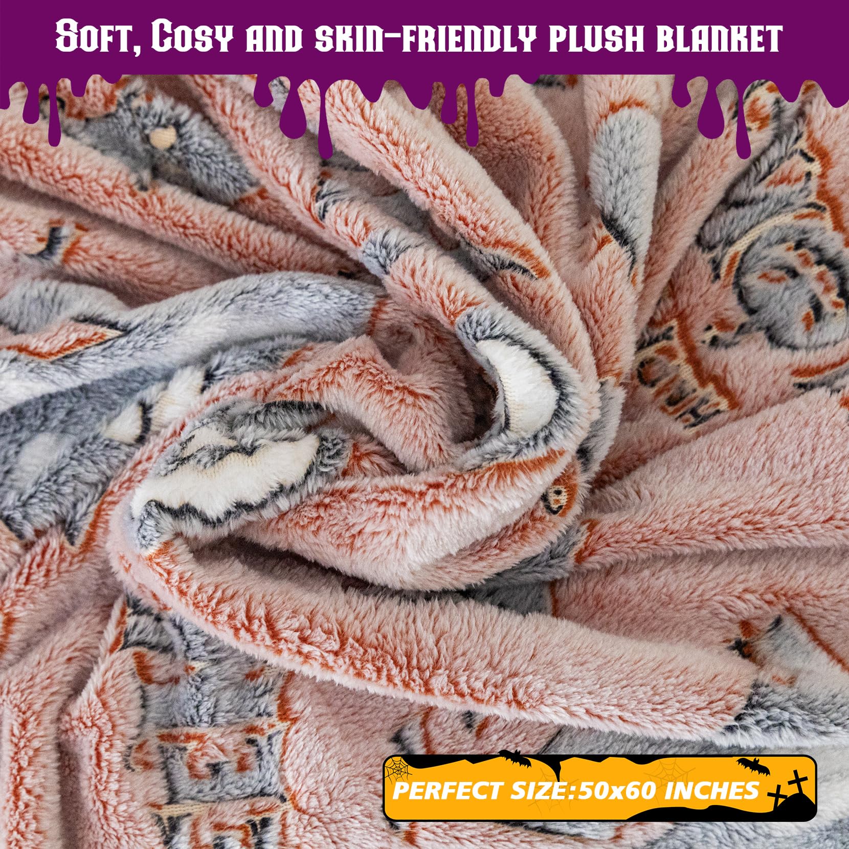 50 x 60 Inch Halloween Pumpkin Plush Throw Blanket - Soft Fleece Glow in The Dark Blanket for Kids, Adults & Home Decor (Orange) | Perfect for Halloween Parties, Movie Nights & Cozy Fall Evenings