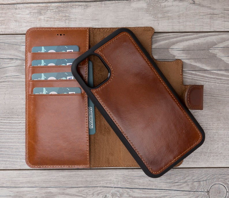 Premium Burnished Brown Leather Magnetic Wallet Case for iPhone 11/11 Pro/11 Pro Max - Slim Protective Cover with Card Slots for Everyday Use & Travel