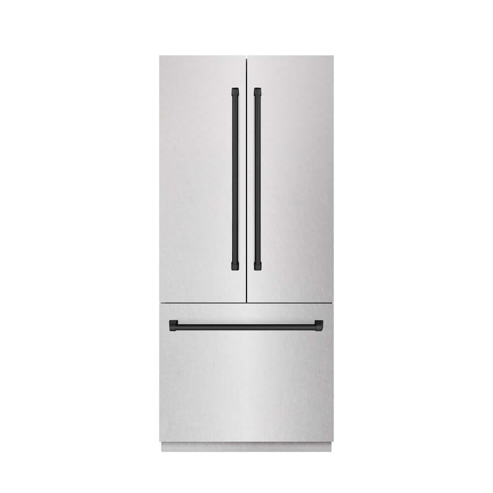ZLINE Autograph Edition 36 Inch 19.6 cu ft French Door Built-In Bottom Freezer Refrigerator with Water Dispenser & Ice Maker - Satin Stainless Steel, Graphite Gray Interior & Matte Black Accents (GRBIVZ SN 36 MB) - Perfect for Modern Kitchens & Luxury Homes