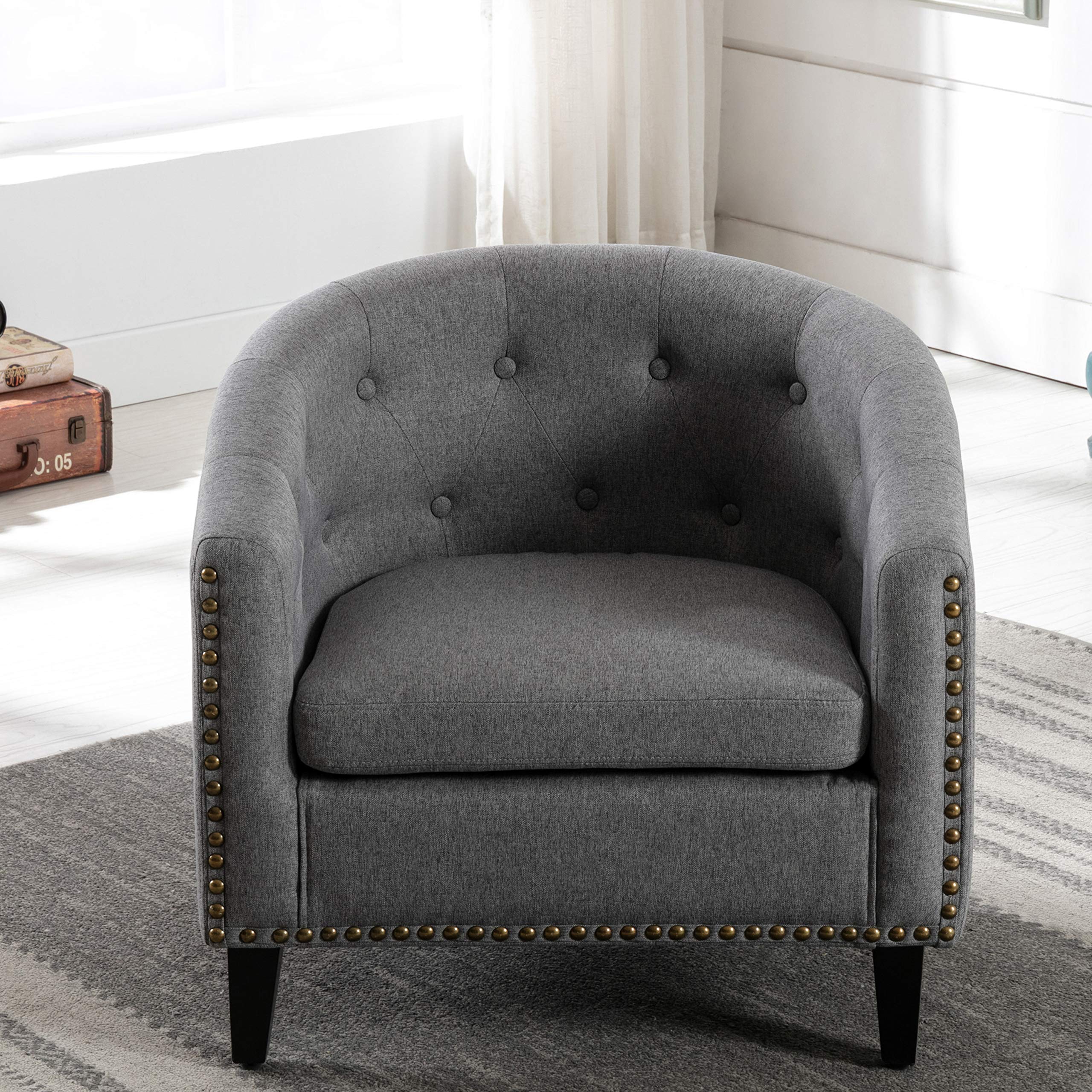 HomVent Accent Barrel Chair - Upholstered Arm Club Chair with Nailhead Trim & Solid Wood Legs, Grey Fabric Side Chair for Living Room, Bedroom & Reception Areas | Perfect for Reading Nooks, Lounge Spaces & Home Offices
