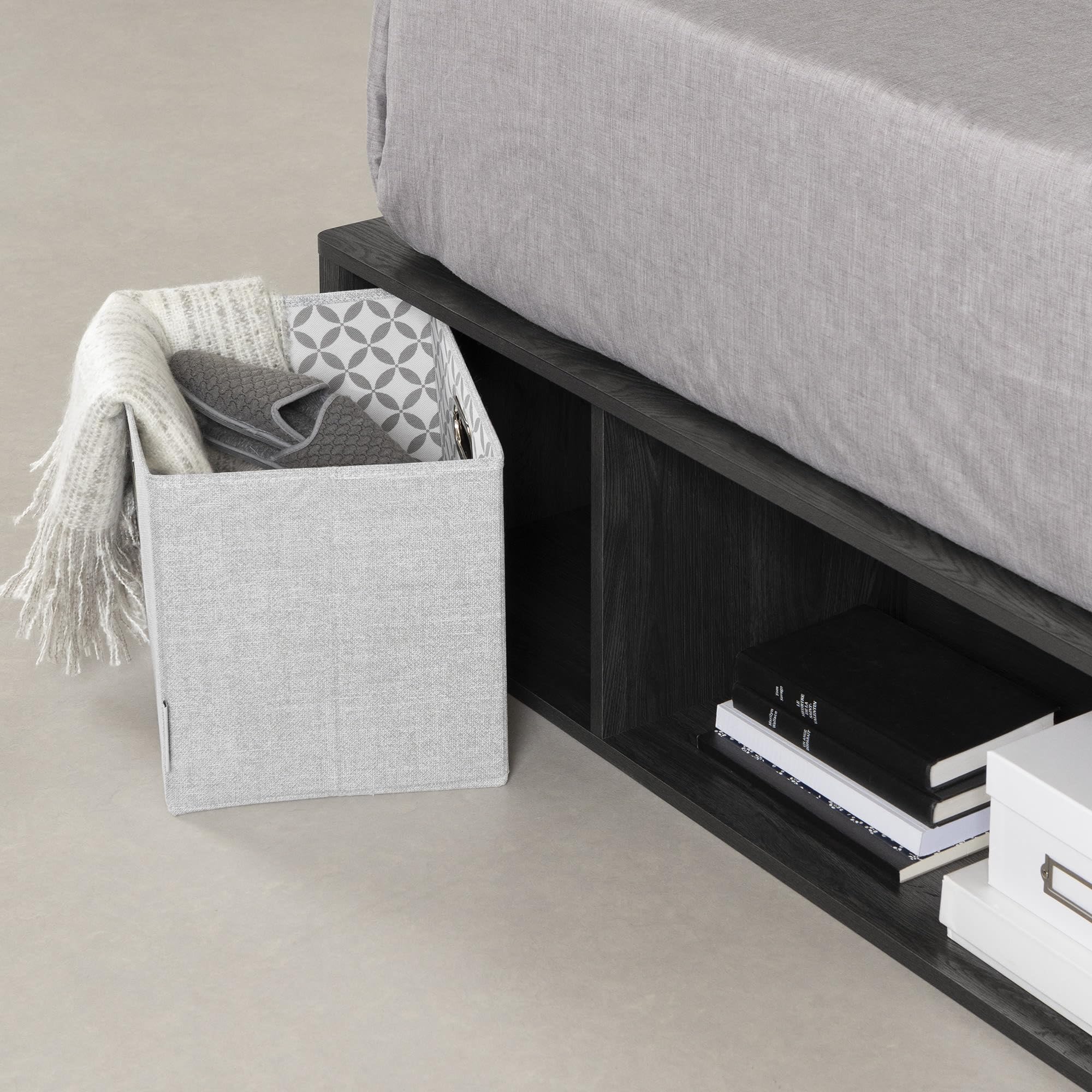 Gray Oak Queen Platform Bed with Storage Baskets for Small Spaces