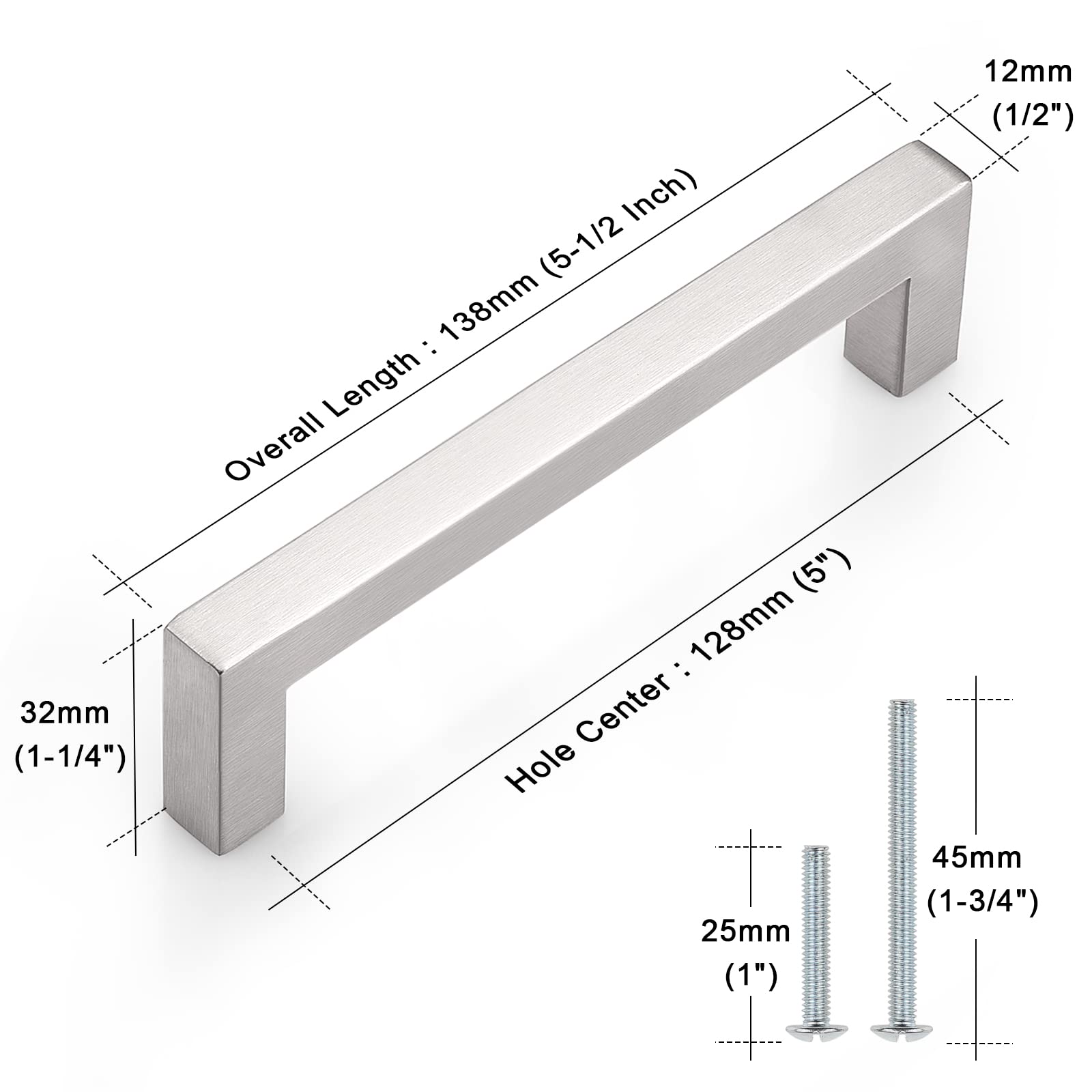 Probrico 20 Pack Square Cabinet Handles - 5 Inch Hole Centers, Stainless Steel Cupboard Bar Pulls, Brushed Nickel Drawer Pulls (5.5 Inch Total Length) - Perfect for Kitchen Cabinets, Bathroom Vanities & Furniture Drawers