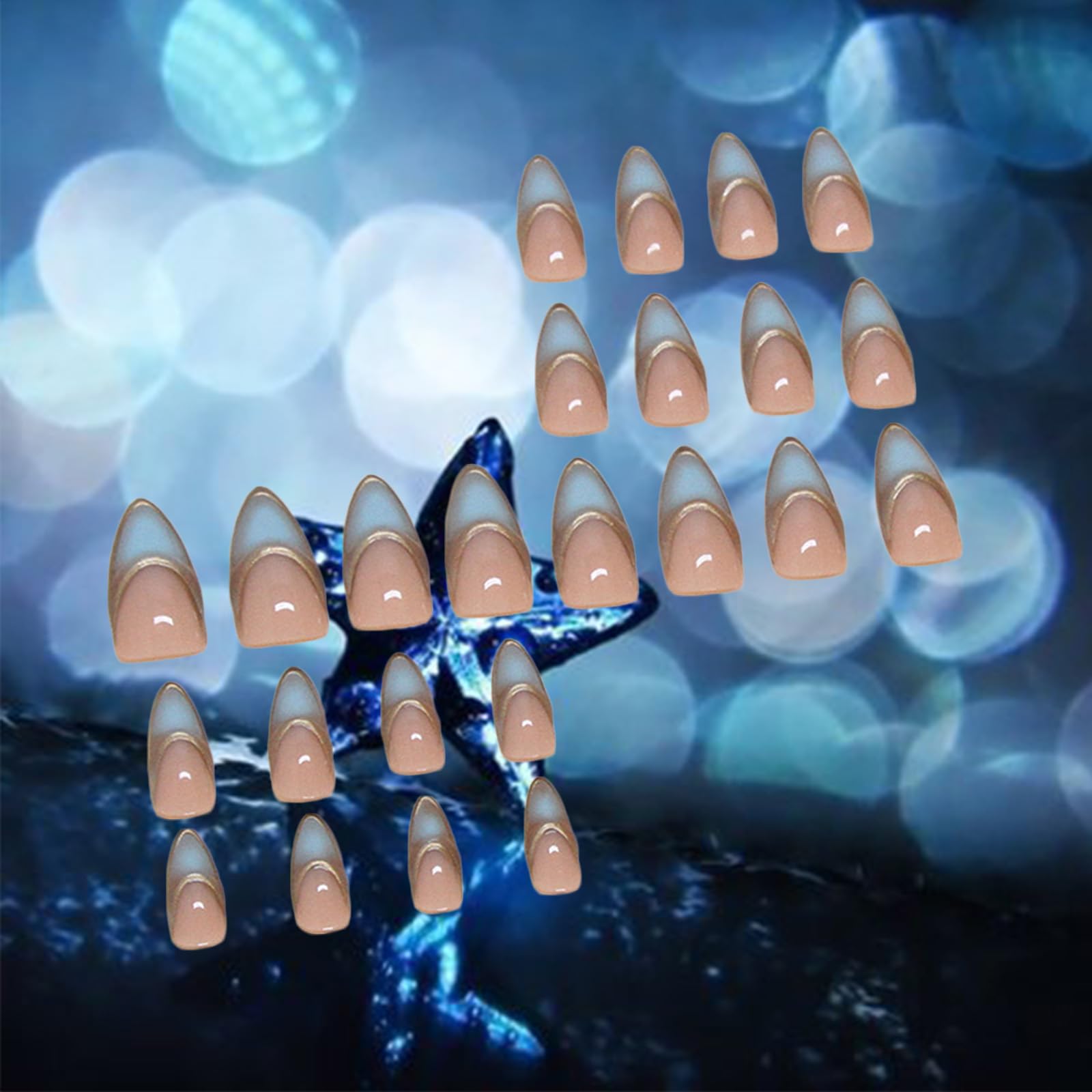 Blue Gradient French Tip Press on Nails - 24PCS 3D Gold Curve Design Ombre Acrylic Fake Nails Medium Almond Shape with Glossy Finish - Easy Glue on False Nails for Women & Girls - Perfect for Parties, Weddings, Date Nights and Special Occasions