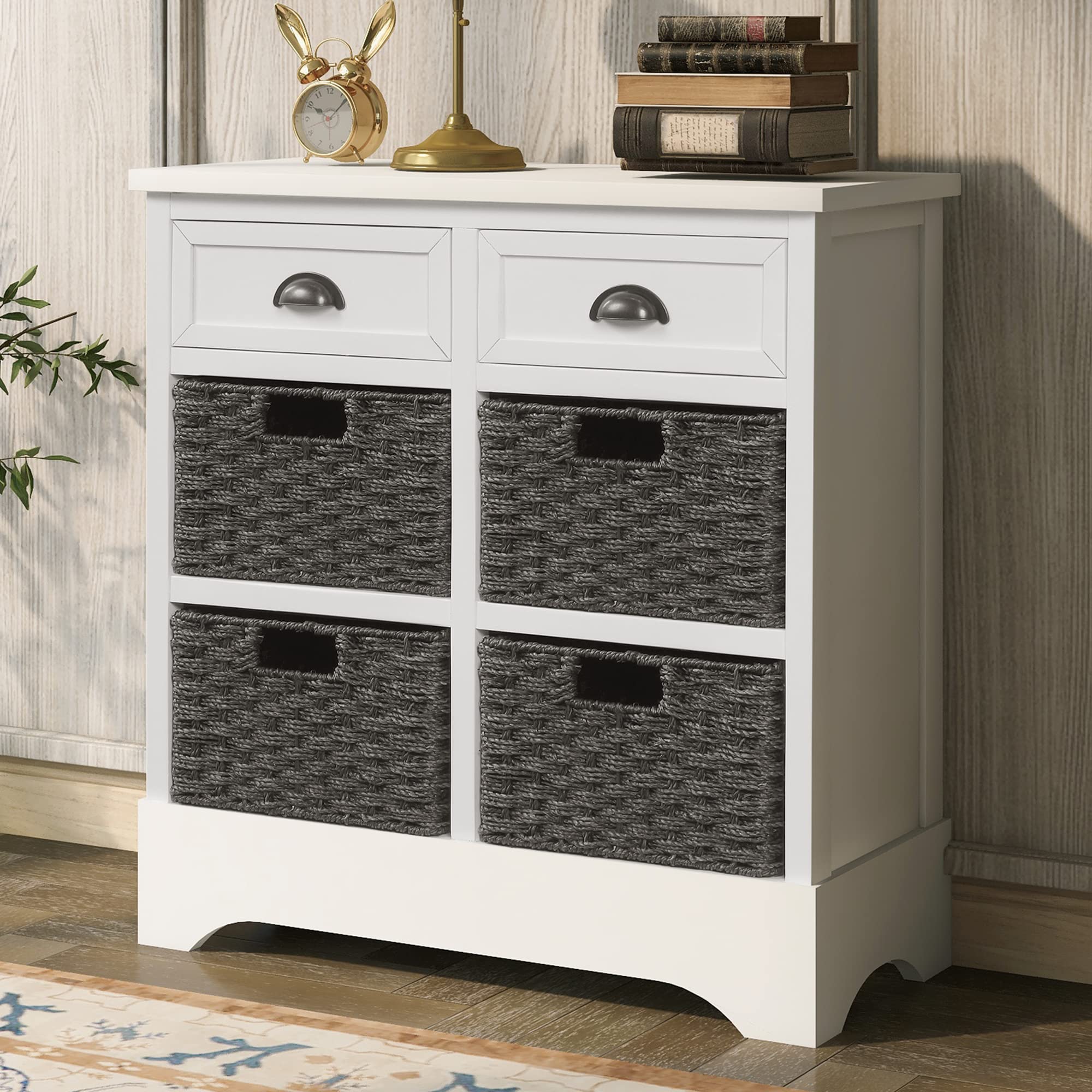 Vintage Storage Cabinet with Wood Drawers & Wicker Baskets - Home & Living Room Organizer