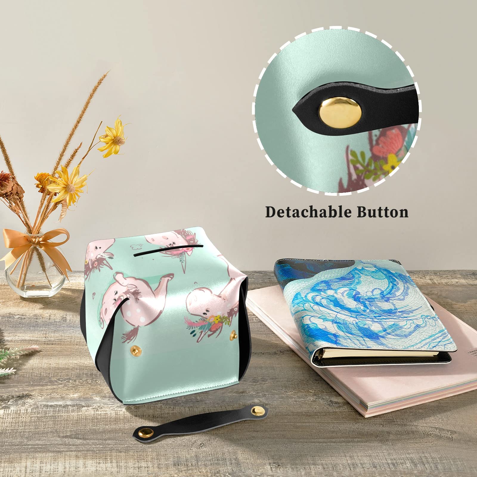 **Cute Cartoon Pink Unicorn Tissue Box Cover - Seamless Turquoise Leather with Handle - 9.4x5.1x3.6 Inches - Perfect for Bathroom, Home, Office, Car & Nightstand Decor**    *(Use Scenes: Adds a whimsical touch to your bathroom vanity, brightens your office desk, or keeps your car tissues stylishly organized!)*