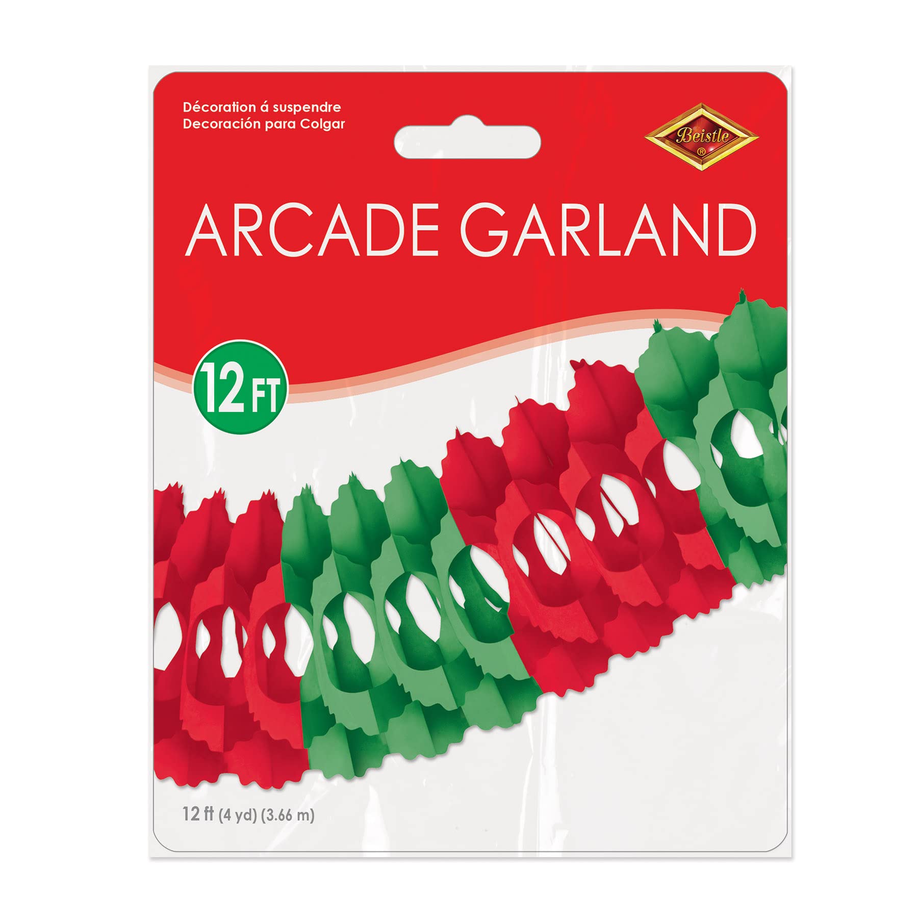 Beistle Red & Green Arcade Garland - 12ft Christmas Party Decorations for Holiday Home, Office & Festive Events
