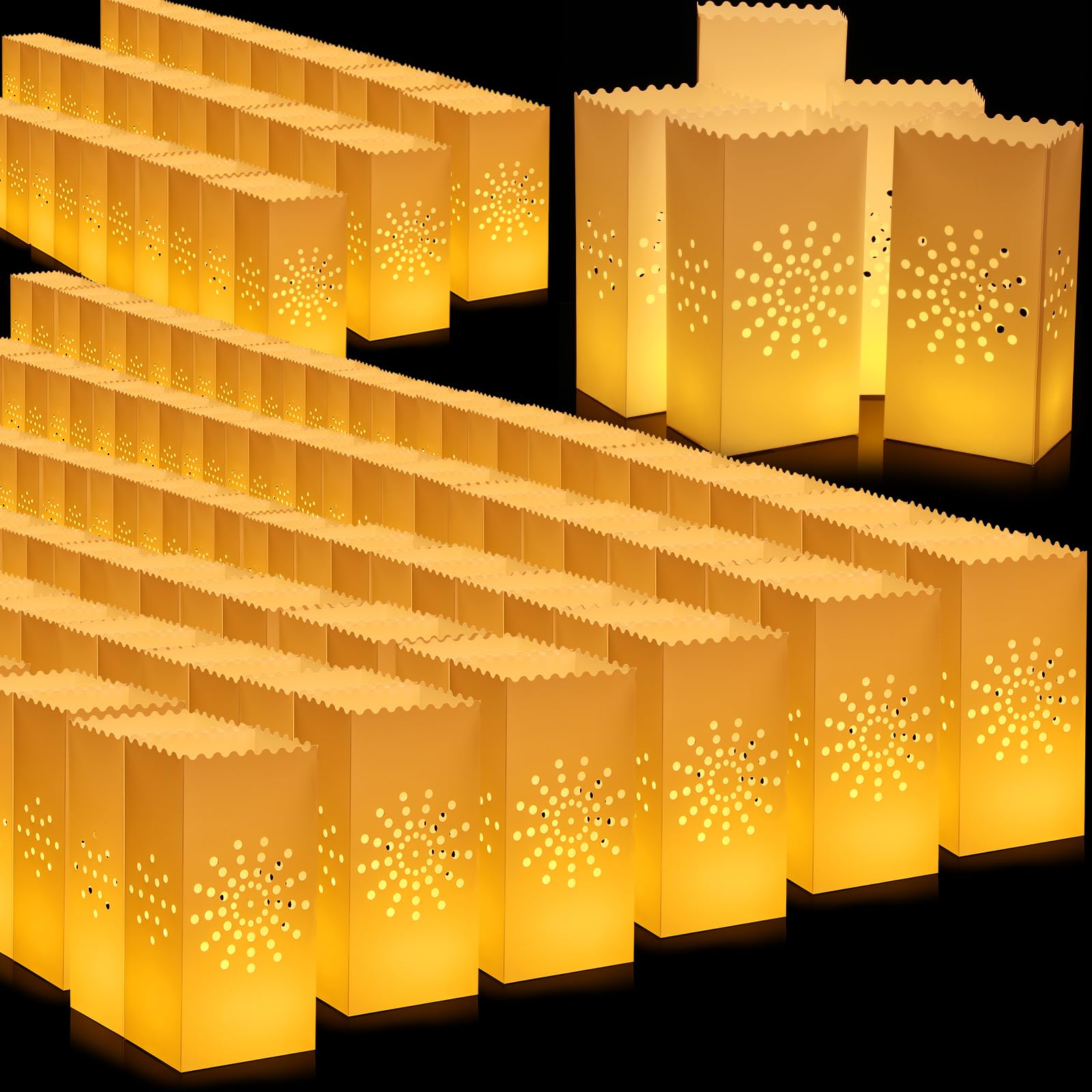 50 Pcs Waterproof White Plastic Luminary Bags - Reusable Candle Lantern Bags for Christmas, Birthday, Wedding & Thanksgiving Party Decor (Sunburst Design) - Perfect for Indoor/Outdoor Holiday Lighting & Special Event Ambiance