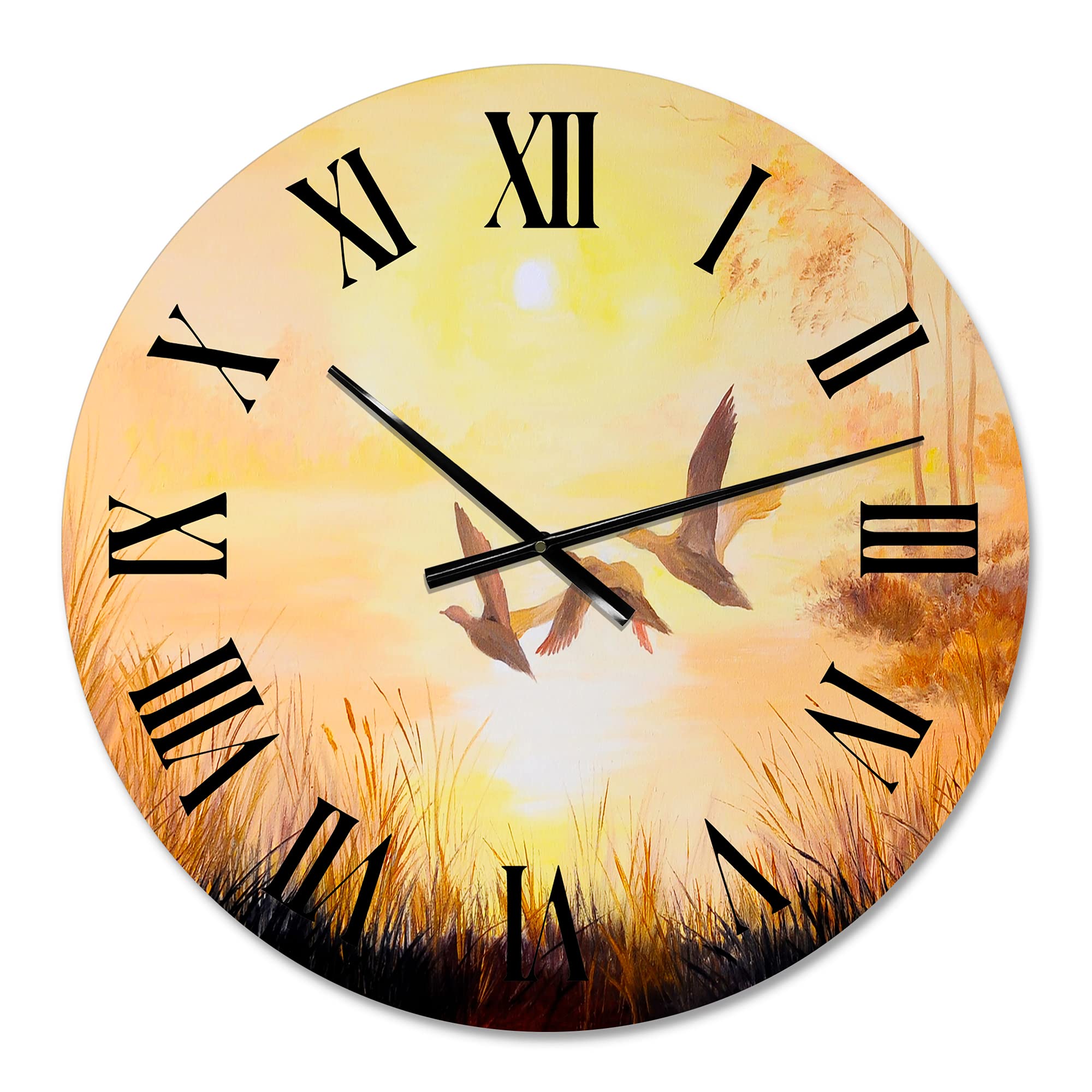Large Traditional Wall Clock 'Three Cranes Flying Through Sunset' - Elegant Animal-Themed Decorative Clock for Bedroom, Living Room & Office Decor | Perfect Home & Gift Idea