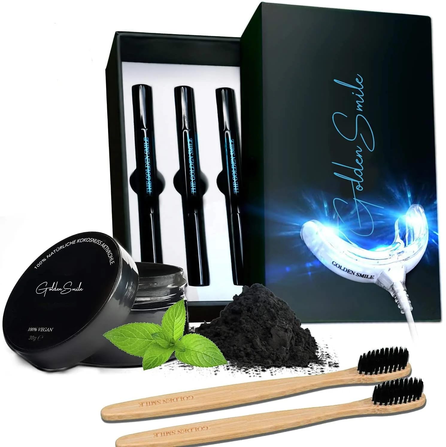 BigPack - The Golden Smile™ Professional Teeth Whitening Kit with Natural Activated Charcoal Powder | Home Bleaching for Stain Removal from Coffee, Smoking & Yellow Teeth | Perfect for Weddings, Job Interviews & Special Occasions