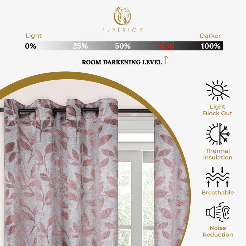 Machine Washable Blackout Curtains Set of 2 - Room Darkening Leaf Pattern Window Drapes for Bedroom & Living Room - Blocks Sunlight & Noise for Better Sleep