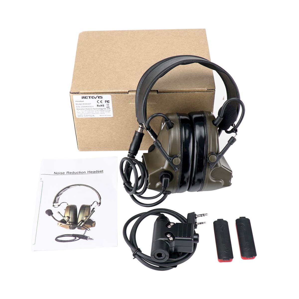 Retevis EHK007 Tactical Headset with Mic - Noise Cancelling Shooting Earmuffs for Hunting & Outdoor Activities | Walkie Talkie Headset with Sound Amplification | Compatible with Baofeng UV-5R, RT68, H-777, RA89, RA79 (1 Pack) - Ideal for Tactical Missions, Range Shooting & Security Operations