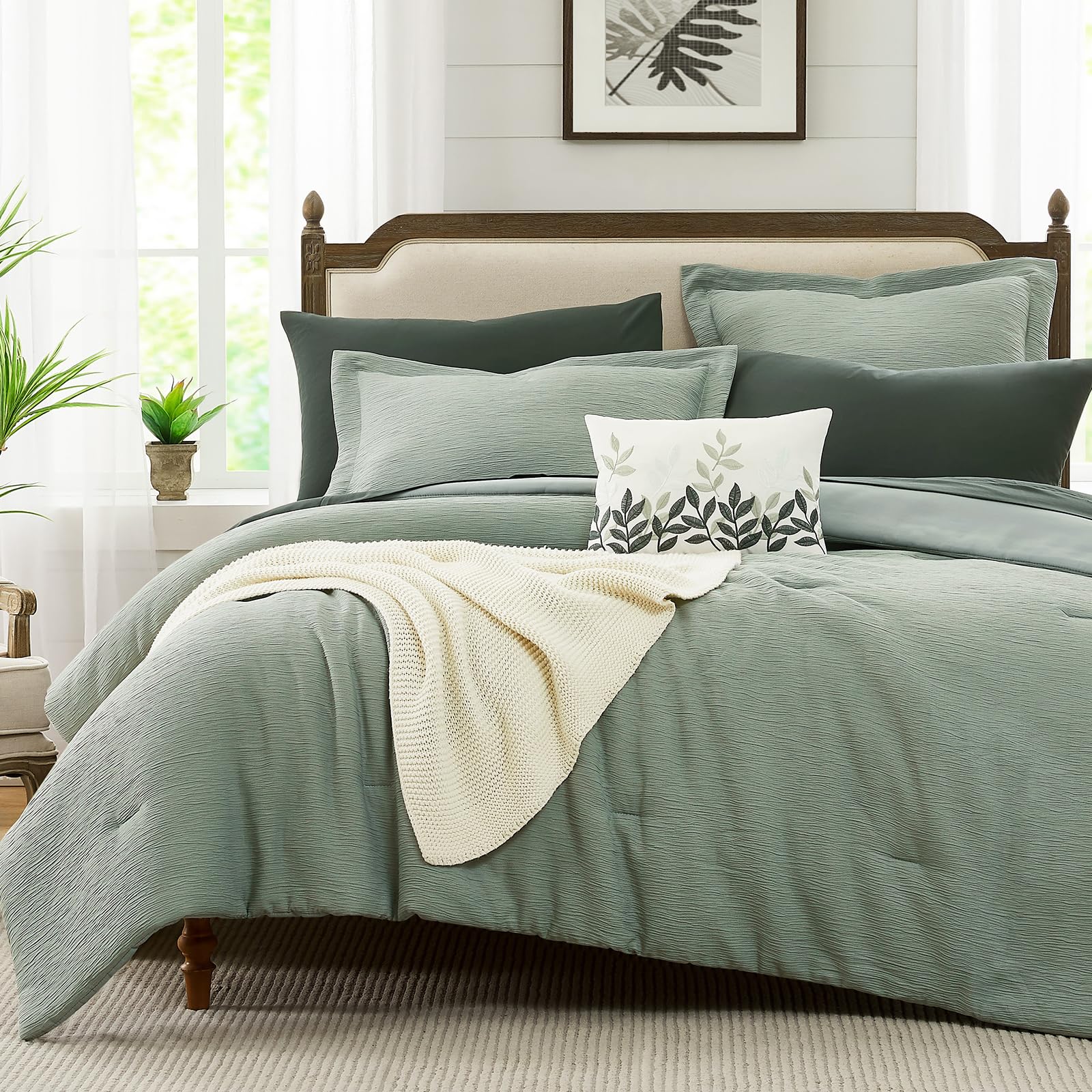 MaiRêve Sage Green Comforter Set Queen Size - 7 Piece Textured Minimalist Bedding Set with Sheets, Comforter & Pillow Shams | All Season Luxury Bed in a Bag for Master Bedroom, Guest Room & Dorm Decor