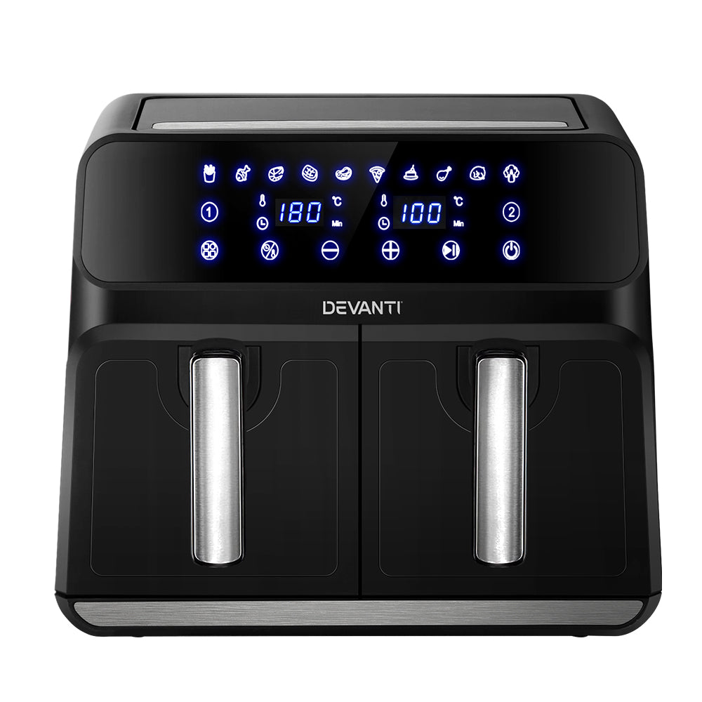 Devanti 8L Dual Zone Air Fryer - Large Capacity, 2 Independent Baskets for Healthy Frying - Perfect for Family Meals, Parties & Quick Snacks