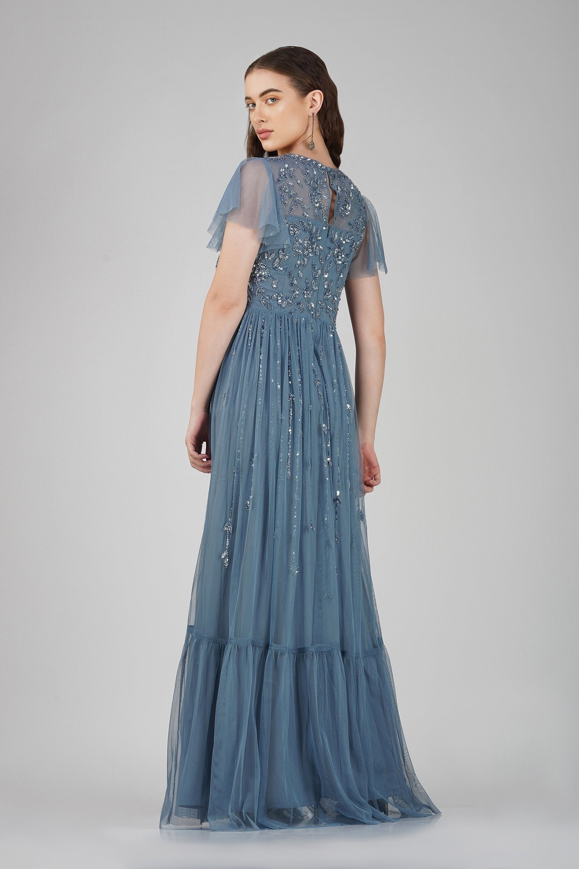 Elegant Marly Blue Embellished Maxi Dress for Women - Perfect for Weddings, Parties & Special Occasions | Flowy Long Formal Gown with Beaded Details