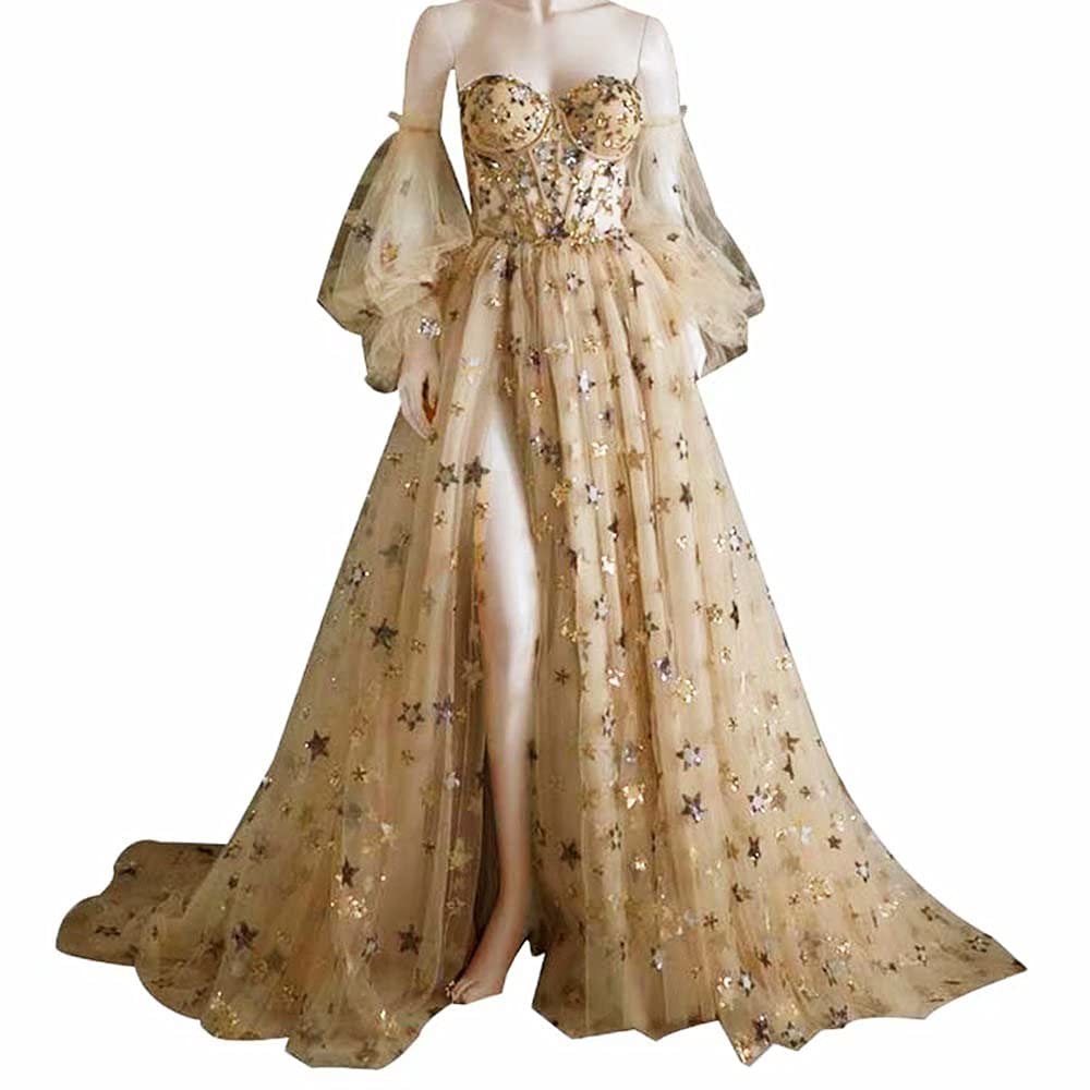 Off The Shoulder Sweetheart Starry Prom Dresses - A-Line Bubble Sleeves Tulle Long Formal Evening Gown for Homecoming, Wedding Guest & Special Occasions