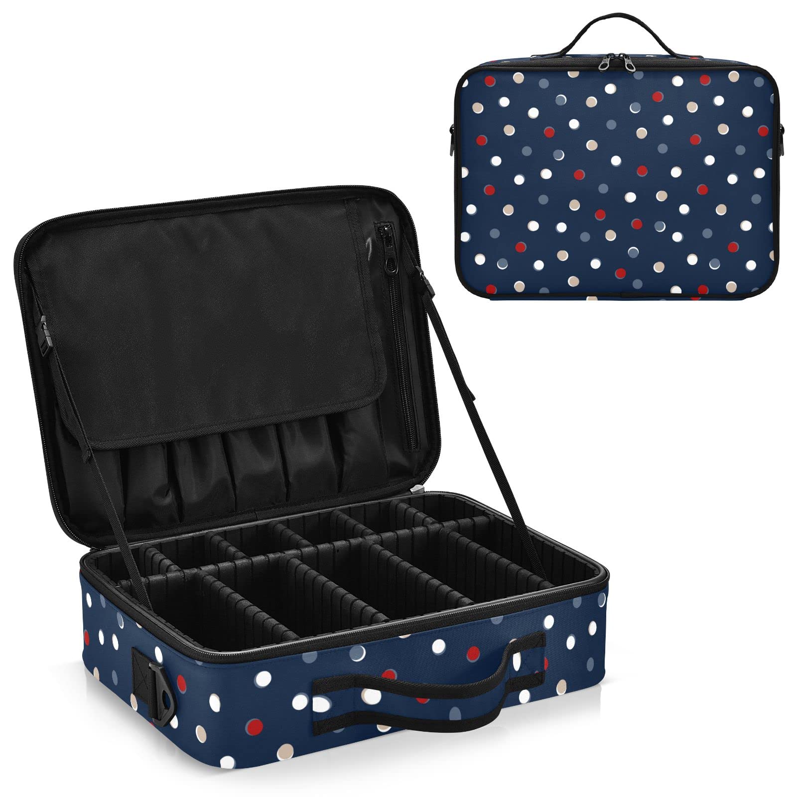 Moyyo Navy Blue Dotted Travel Makeup Bag for Women - Professional Cosmetic Organizer Case with Portable Storage - Perfect for Travel, Salon, and Everyday Makeup Organization
