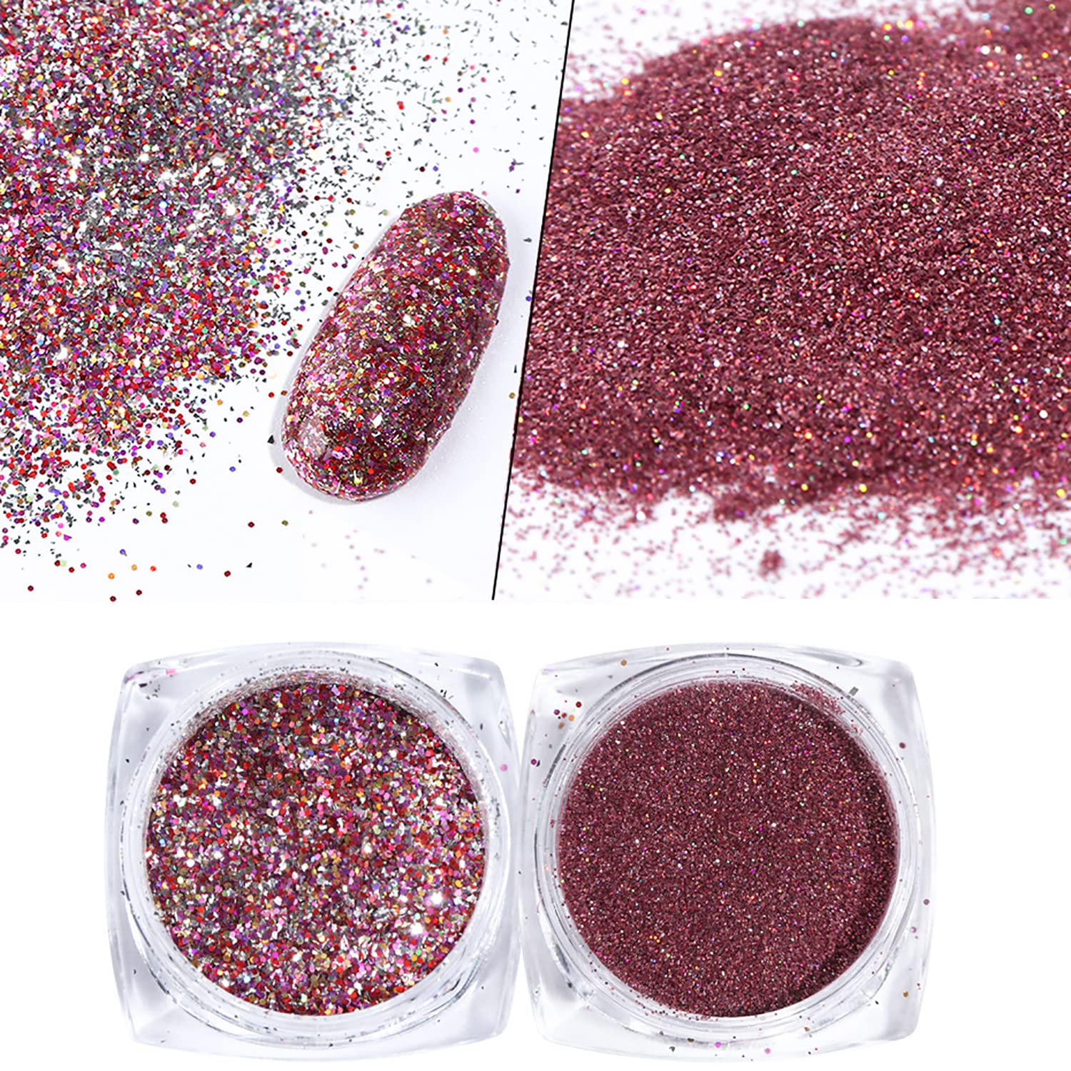 GOGOONLY 8-Piece Holographic Nail Glitter Set - Metallic Shining Flakes & Sequins for Nail Art Decoration (Magenta) | Professional Salon & DIY Manicure at Home