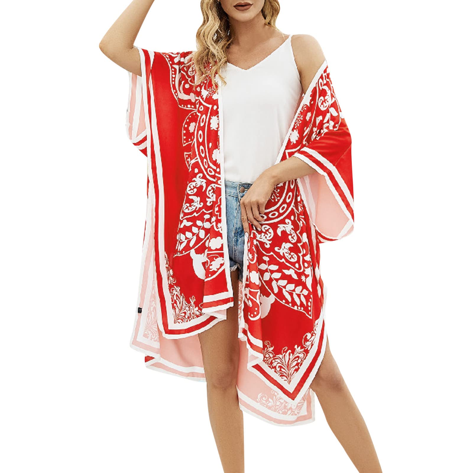Women's Floral Print Kimono Cardigan - Short Sleeve Beach Cover Up Blouse with Pom Pom Details | Perfect for Summer Vacations, Beach Outings and Boho Fashion