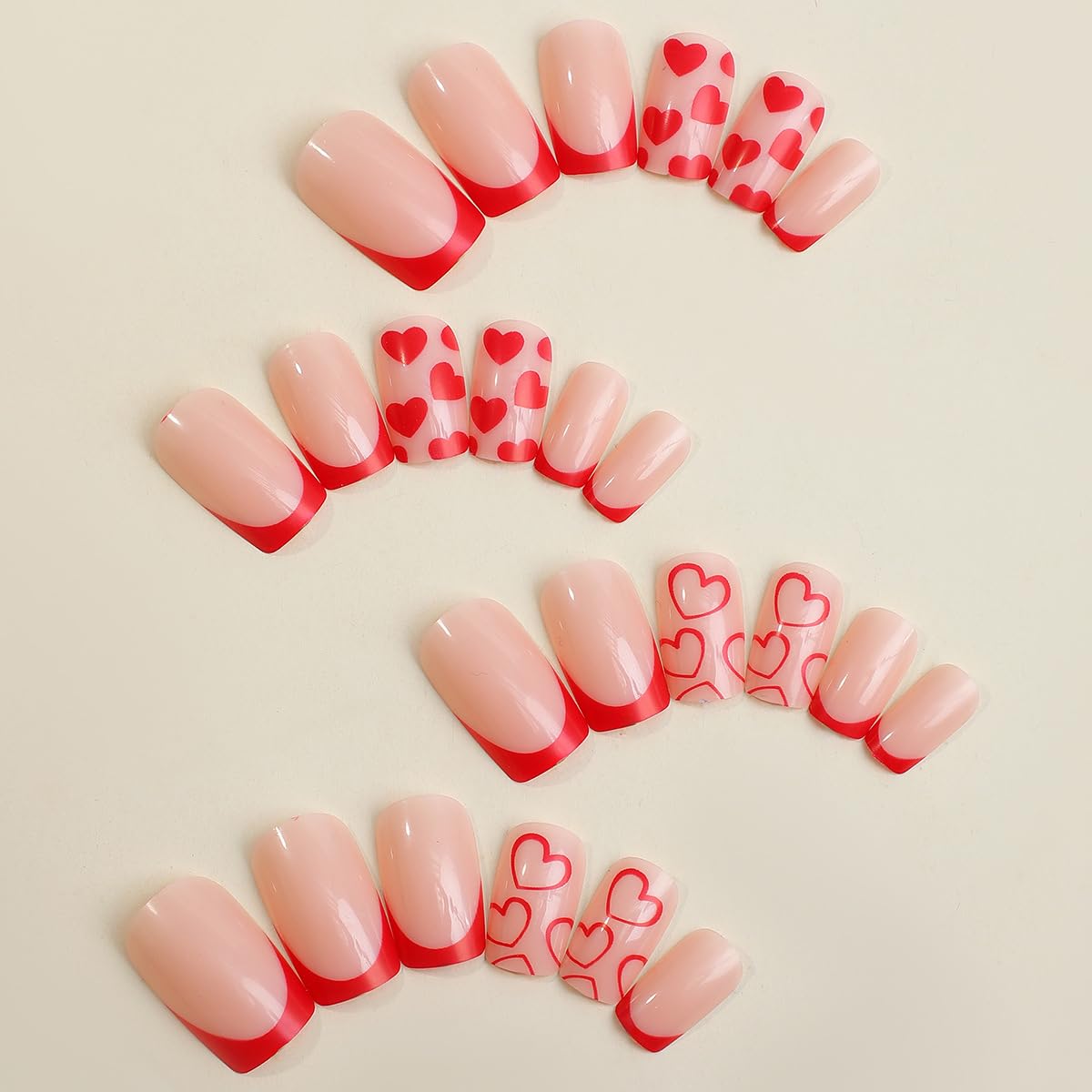 Valentine's Day Press on Nails - Medium Square Red French Tip with Heart Designs | Glue on Fake Nails | Perfect for Date Night, Parties & Romantic Occasions | Nail Accessories for Women & Girls