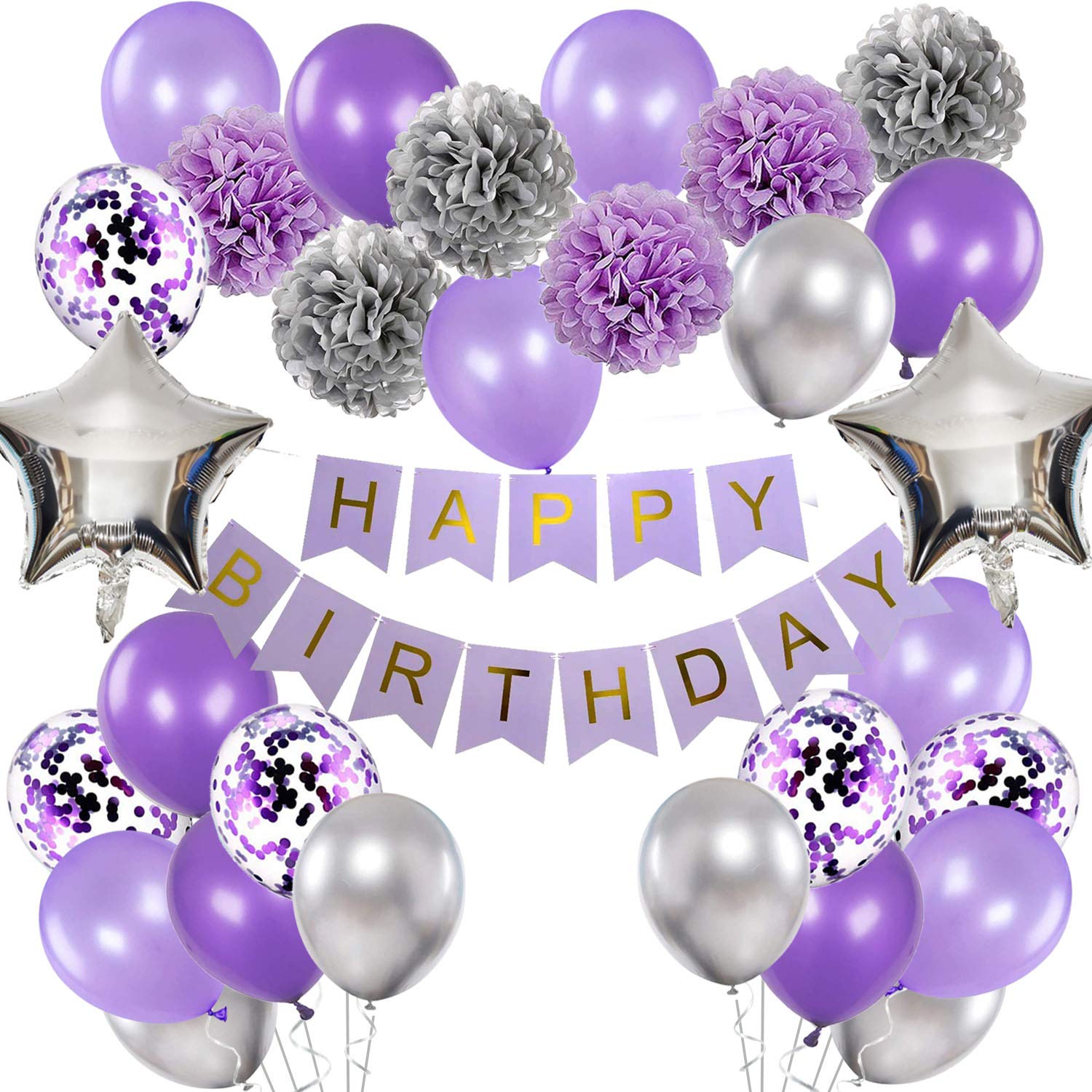 Lavender & Silver Birthday Party Decorations Kit for Girls & Women - Includes Happy Birthday Banner, Pompom Flowers, Foil Balloons, Confetti & Ribbons | Perfect for Birthday Parties, Baby Showers & Special Celebrations