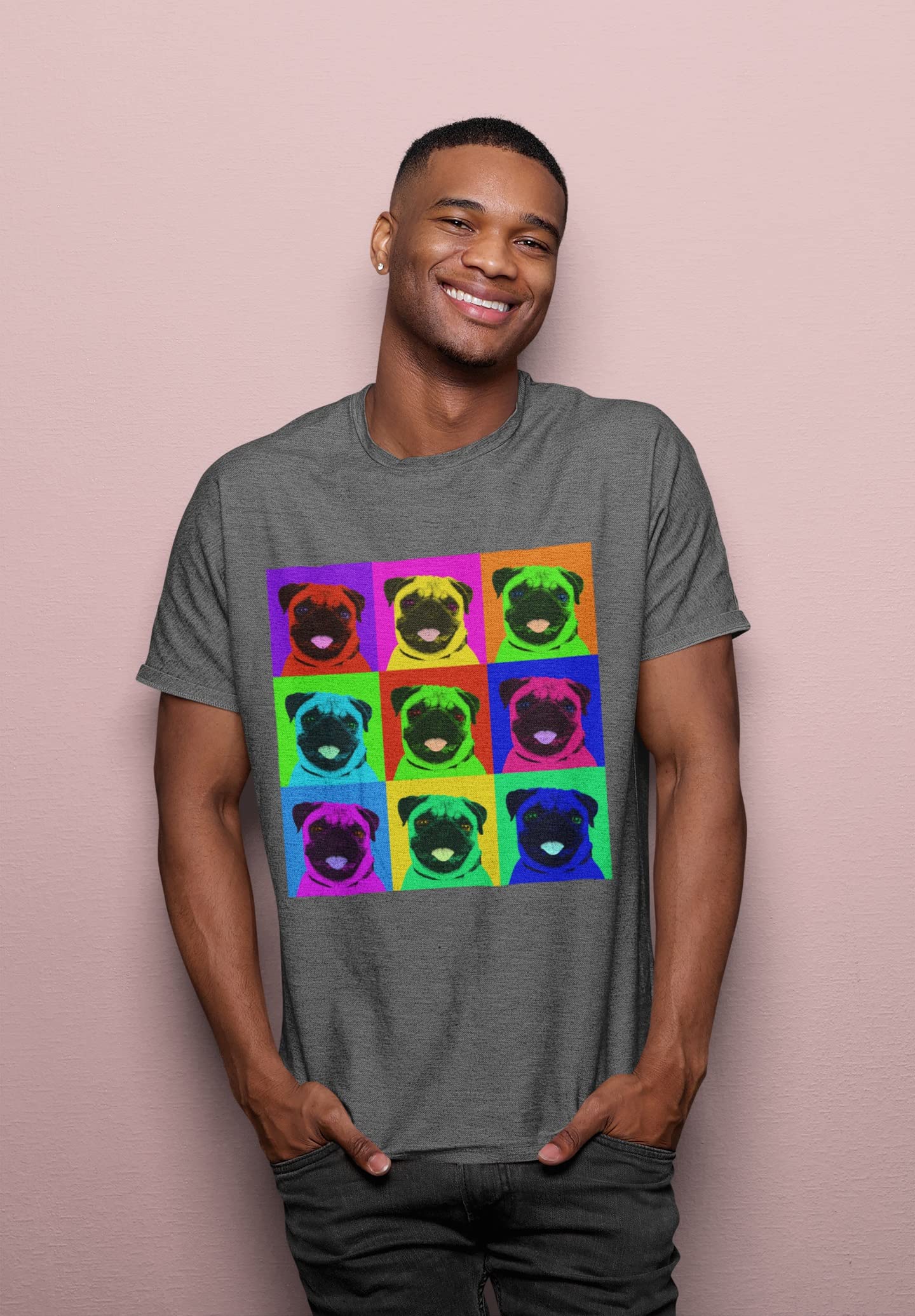 Pug Pop Art Repeating Squares Dark Heather Adult T-Shirt | Funny Dog Lover Graphic Tee | Casual Wear & Gift for Pet Owners