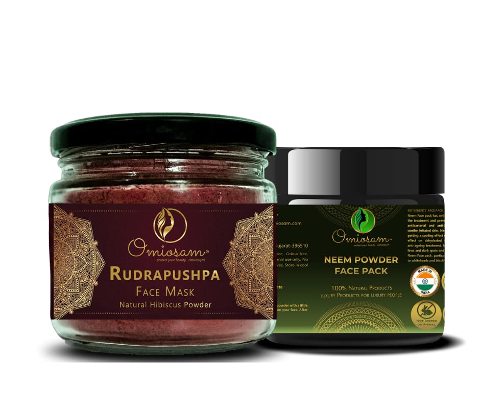 Omiosam 100% Natural Hibiscus Powder & Neem Powder for Acne Treatment - Reduces Dark Spots, Fine Lines & Wrinkles | Improves Skin Cell Turnover | Organic Face Mask & Skin Care for Glowing Complexion | Perfect for DIY Beauty Treatments & Natural Skincare Routine