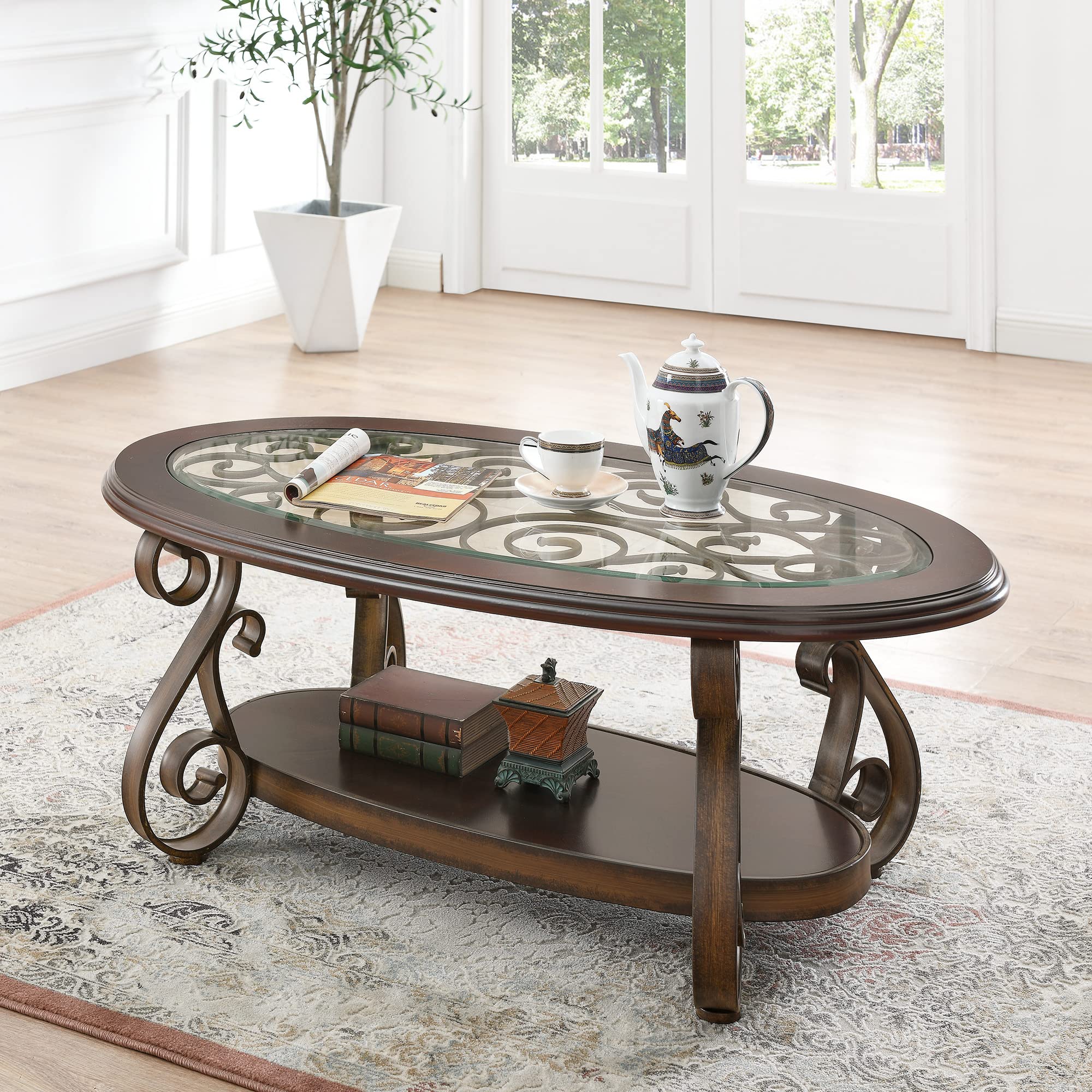 Modern Glass Top Coffee Table with Powder Coated Metal Legs - Stylish Cocktail Table for Living Room, Office & Lounge Areas - Perfect for Entertaining Guests or Relaxing with Coffee