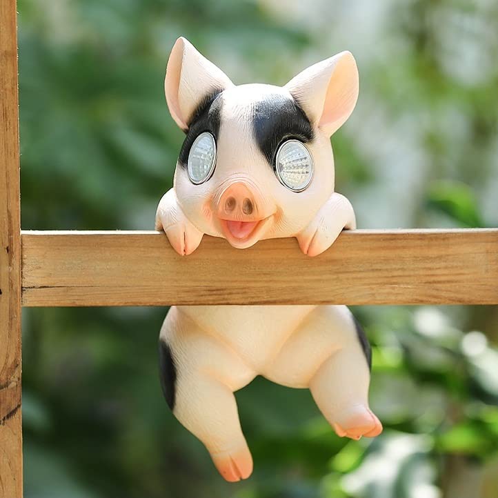 Solar Powered Garden Pig Statues - Weatherproof Resin Animal Figurines for Fence, Flowerpot & Patio Decor | Outdoor Yard Art with LED Lights for Nighttime Ambience (Perfect for Backyard, Lawn & Garden Pathway Lighting)