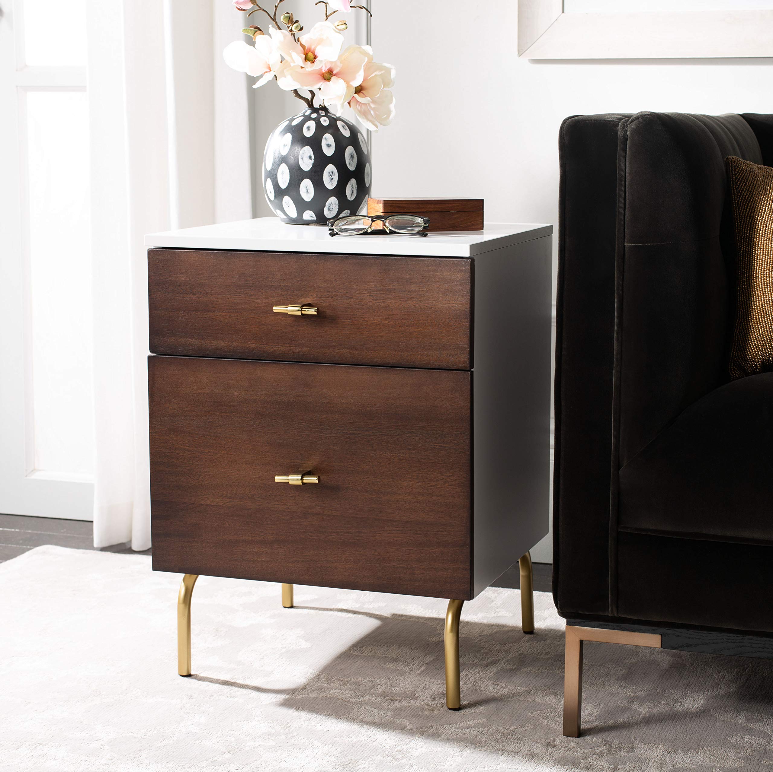 Safavieh Genevieve Modern Nightstand - Walnut & White Mahogany Finish, 2-Drawer Bedside Table for Bedroom, Living Room, or Office Storage