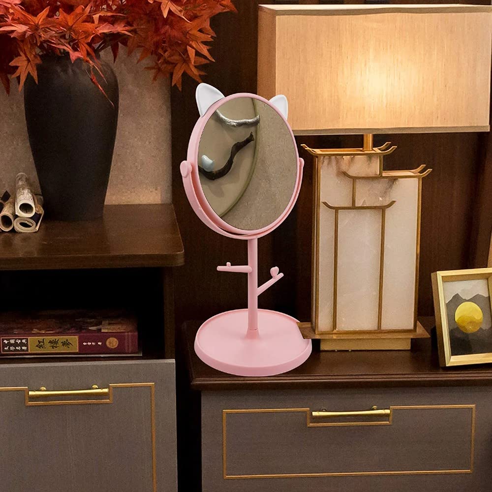 Cute Cat Ears Vanity Mirror - Folding Desk Mirror for Makeup & Freestanding Use | Pastel Pink Cosmetic Mirror for Bedroom, Bathroom & Dressing Table | Portable Compact Mirror with Adjustable Angle