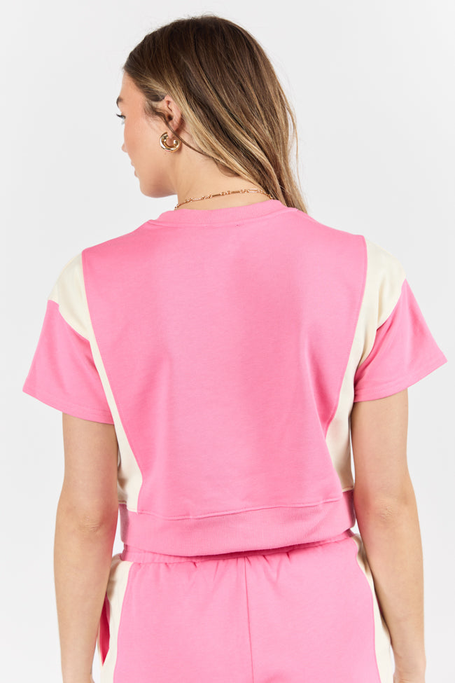 Stylish Pink and Ivory Contrast French Terry Short Sleeve Sweatshirt for Women | Soft Casual Pullover | Perfect for Gym, Lounge & Everyday Wear