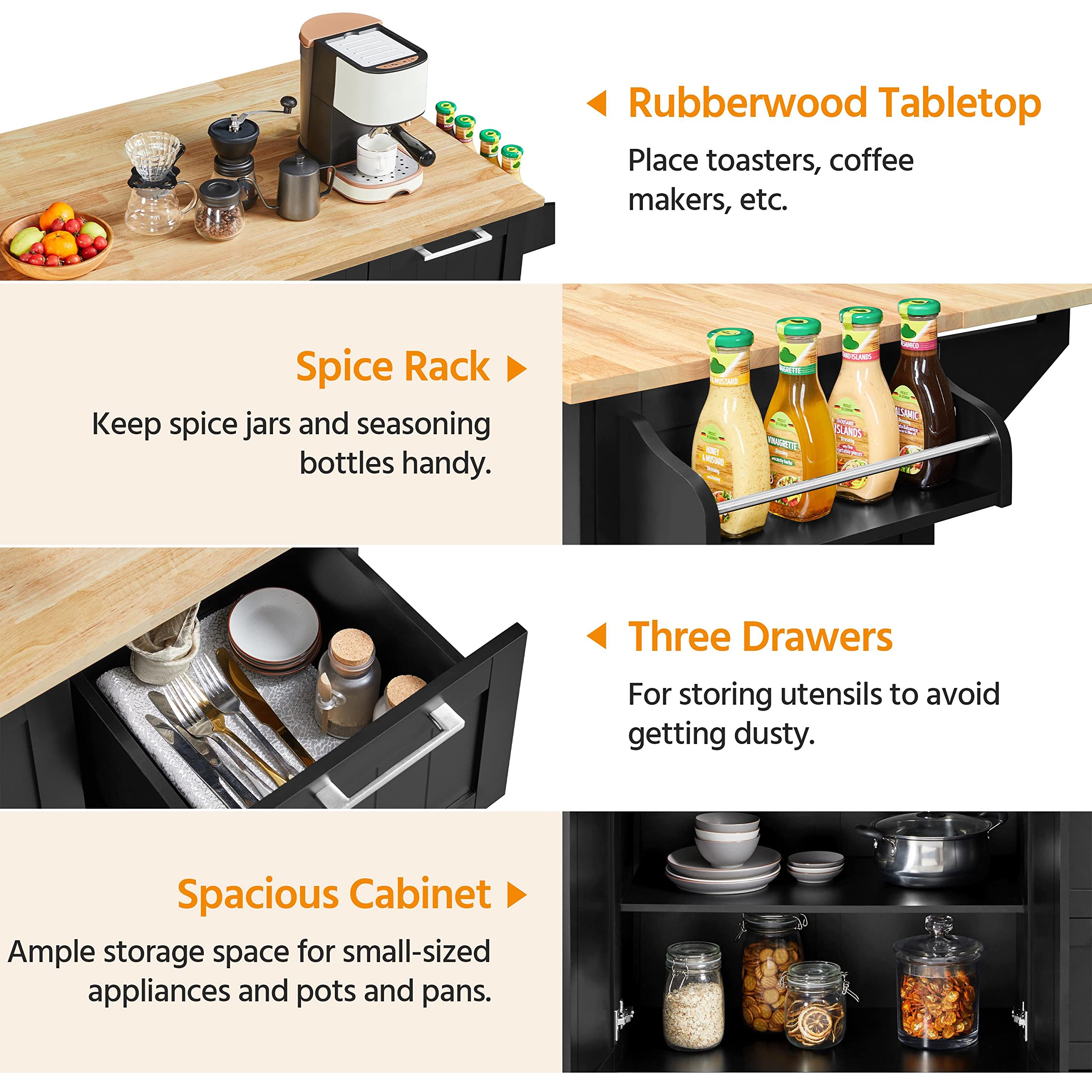 Topeakmart Black Mobile Kitchen Island with Foldable Countertop - Kitchen Cart with Storage Cabinet, 3 Drawers & Spice Rack - Perfect for Small Kitchens, Dining Rooms & Food Prep Areas