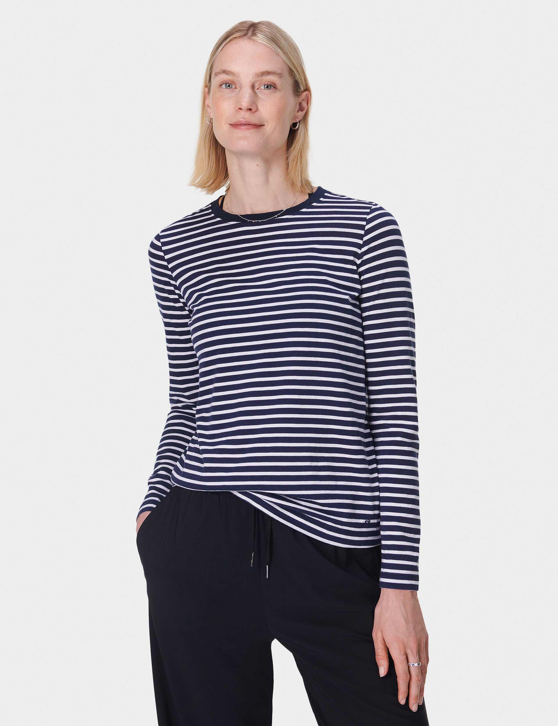 Premium Long Sleeve T-Shirt for Men & Women - Navy Blue with White Stripes - Comfortable Casual Wear for Everyday, Work & Outdoor Activities