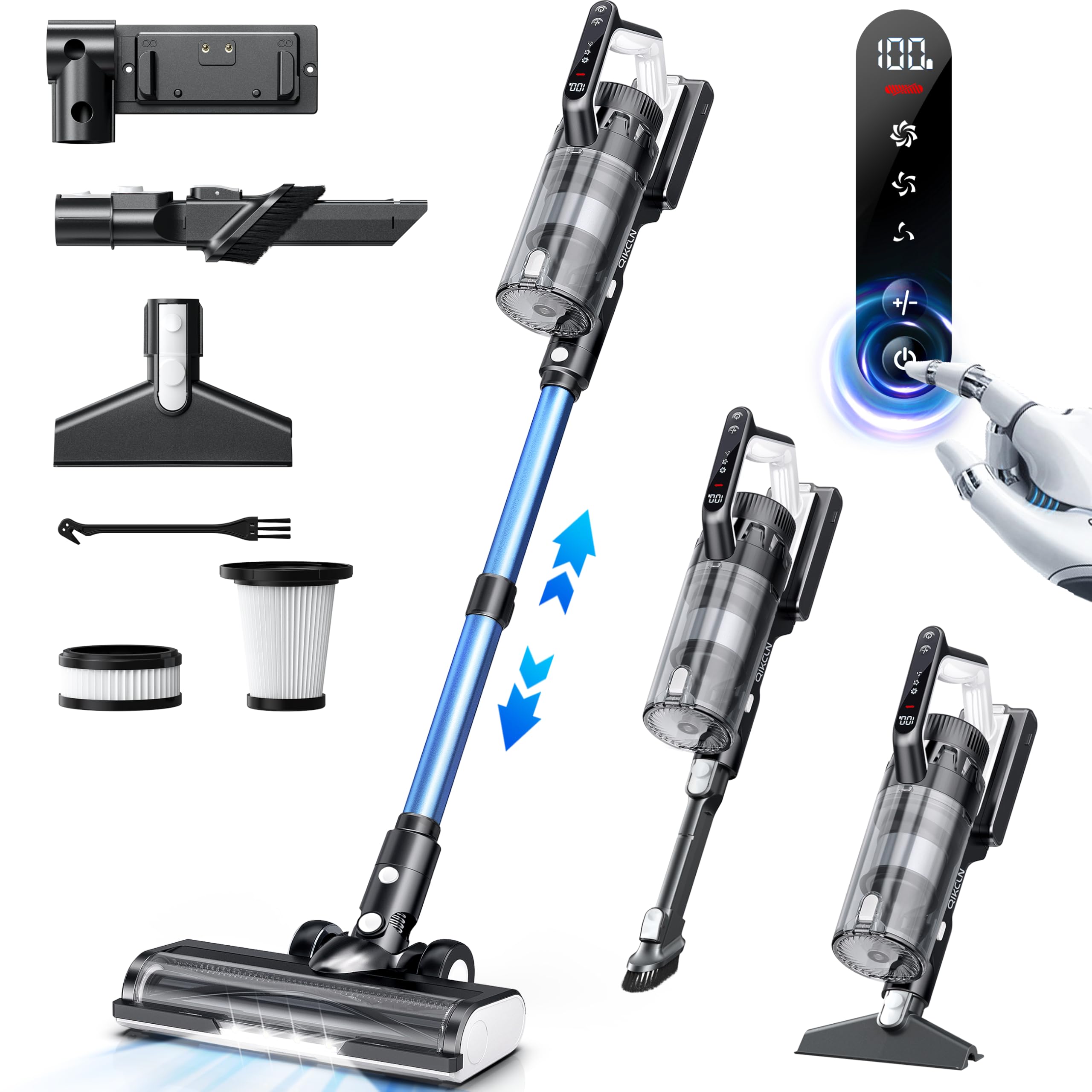 Powerful 23000Pa Cordless Stick Vacuum Cleaner - Lightweight with LED Headlights, 45min Runtime, 3 Cleaning Modes, HEPA Filter, Handheld for Carpets & Hard Floors - Ideal for Pet Hair Removal & Home Cleaning (Blue)