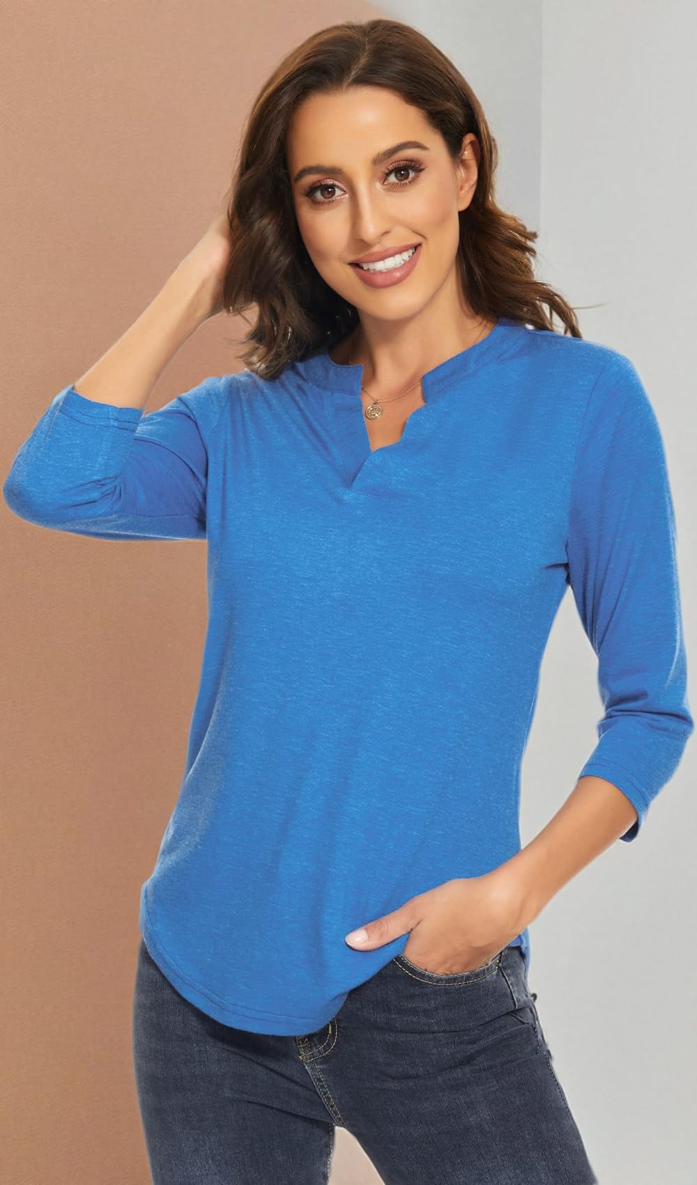 Women's 3/4 Sleeve V-Neck Collared T-Shirts - Work Blouses & Casual Tops for Office, Business & Everyday Wear