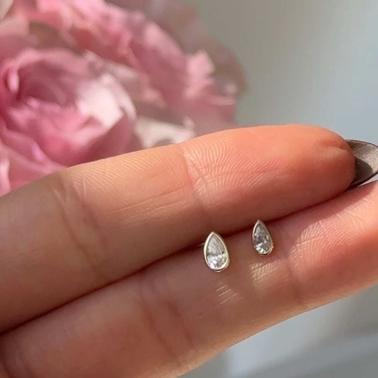 14k Yellow Gold Pear Gemstone Stud Earrings - Dainty Bezel Set Flat Back Earrings for Women, Perfect for Everyday Wear & Special Occasions