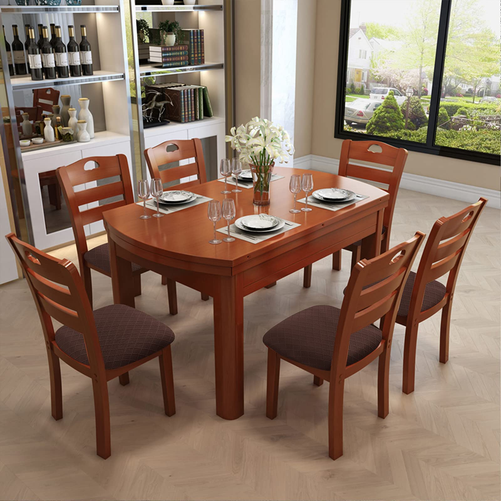 Waterproof Dining Chair Covers Set of 6 - Chocolate Brown PU Leather Seat Protectors for Kitchen & Dining Room - Spill Proof, Easy Clean Chair Covers for Family Meals & Entertaining Guests