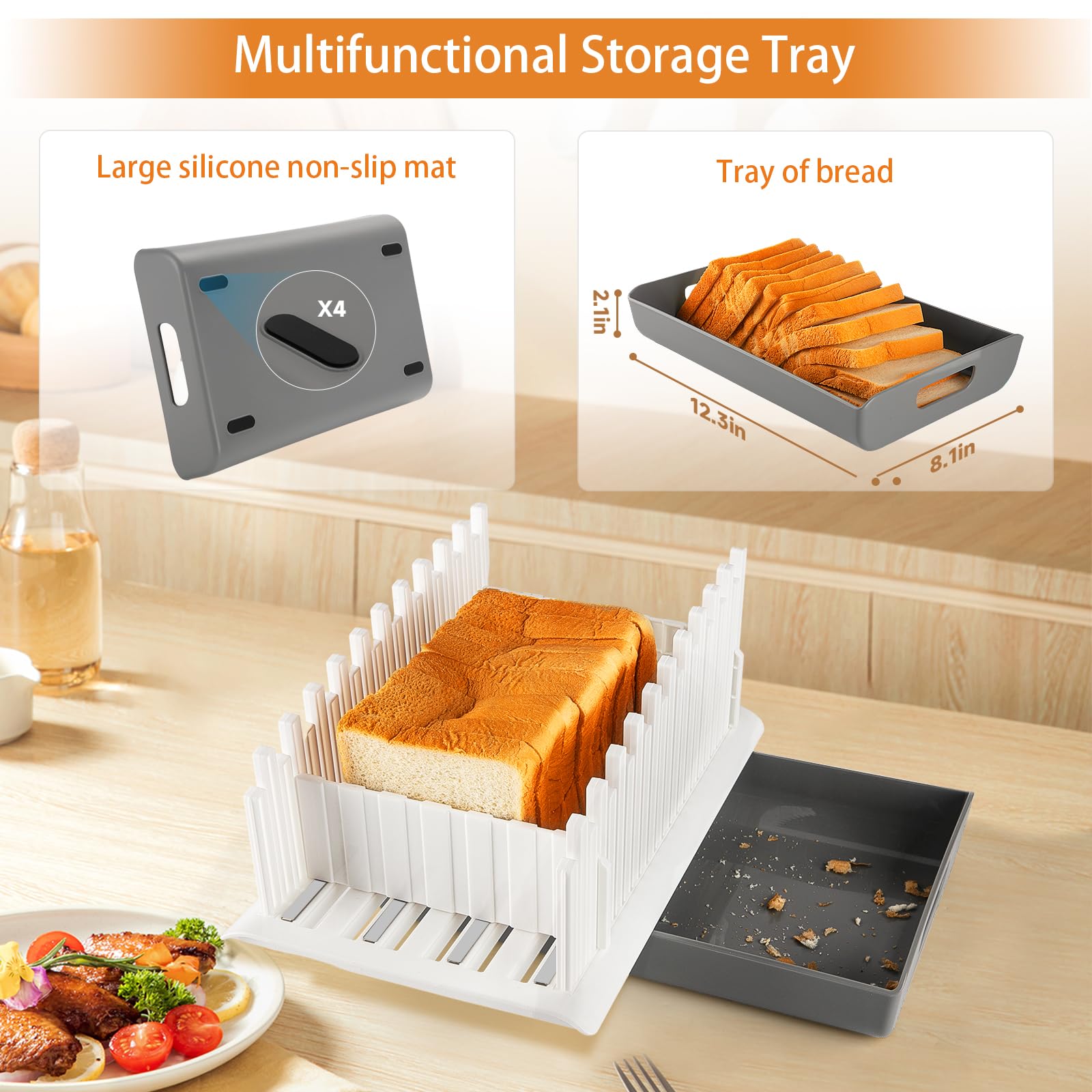 304 Stainless Steel Bread Slicer Guide with Storage Tray - Adjustable 3-Slice Thickness & Width for Homemade Bread, Cake, Bagels, Toast - Perfect for Baking Enthusiasts & Kitchen Use