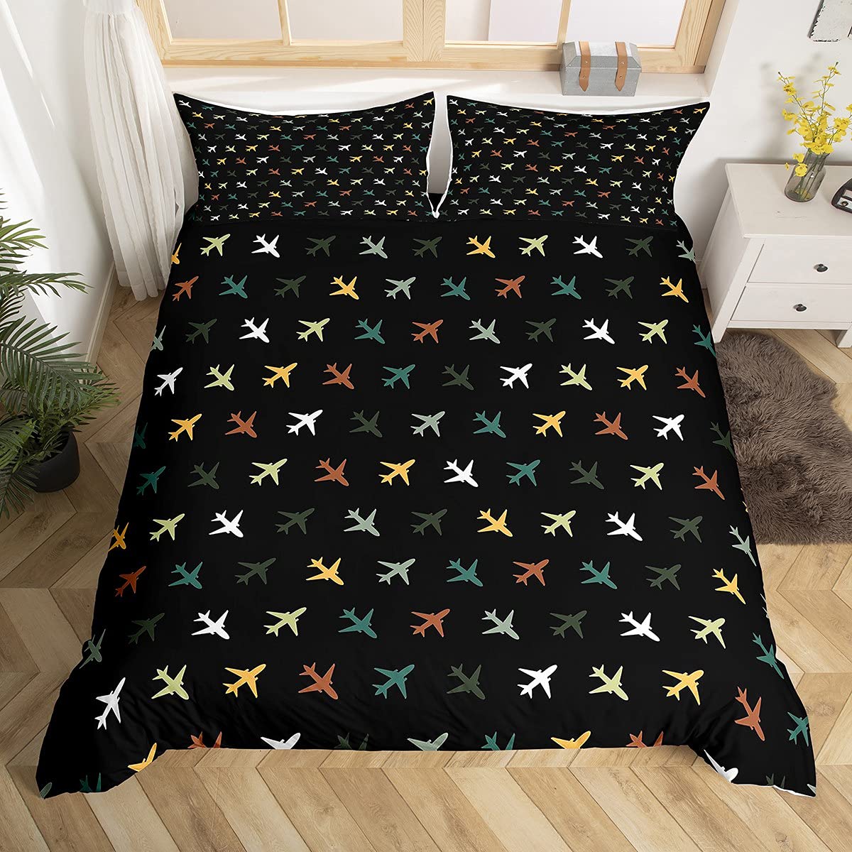 Manfei Cartoon Airplane Duvet Cover Set Twin Size - 2 Piece Kids Bedding with Pillowcase | Colorful Travel Theme Airplane Print Comforter Cover for Boys & Girls Room Decor | Perfect for Kids Bedrooms, Sleepovers & Travel-Themed Nursery