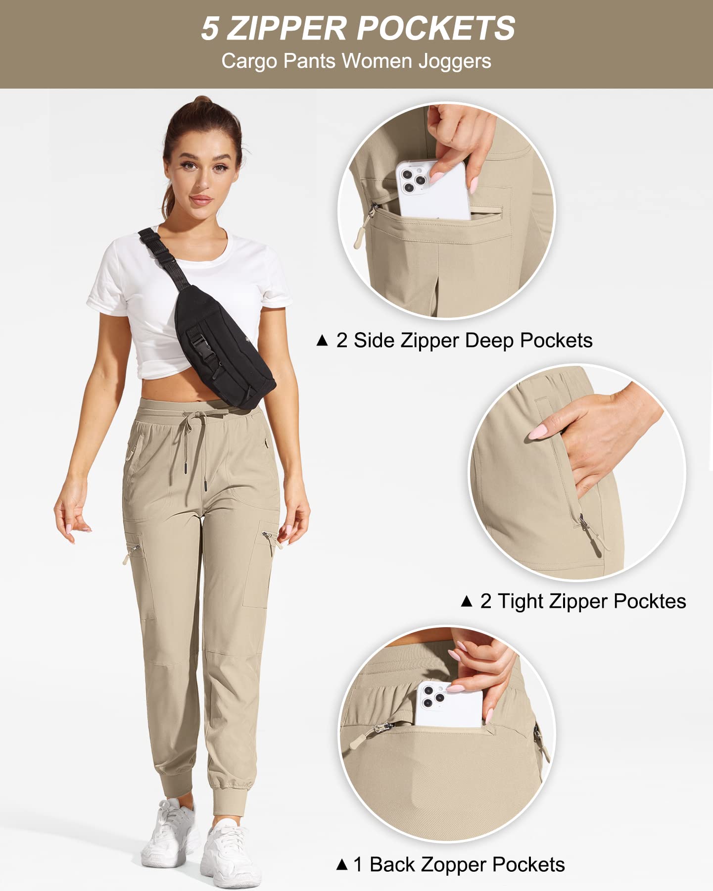 Women's Lightweight Quick-Dry Cargo Joggers - Water Resistant Hiking Pants with Zipper Pockets for Travel & Outdoor Activities | Casual Comfort for Walking, Camping & Adventure