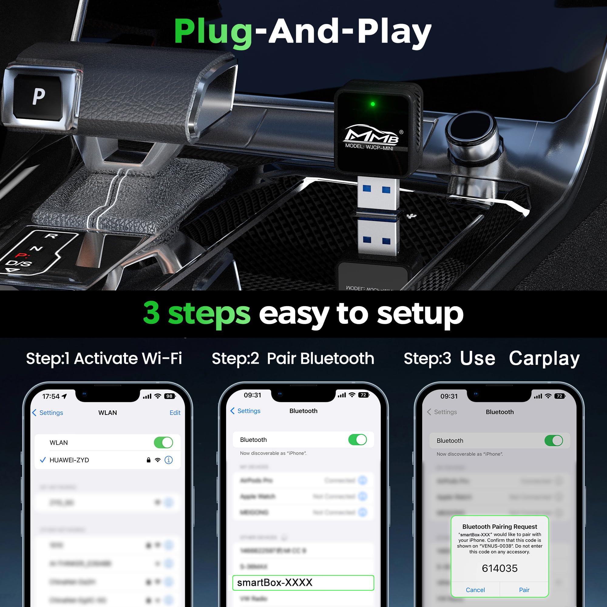 MMB Mini Wireless CarPlay Adapter 2025 - Fastest Plug & Play CarPlay Wireless Dongle for iPhone - Convert OEM Wired CarPlay to Wireless - Compatible with 2017+ Car Models - Perfect for Commuting, Road Trips & Hands-Free Driving